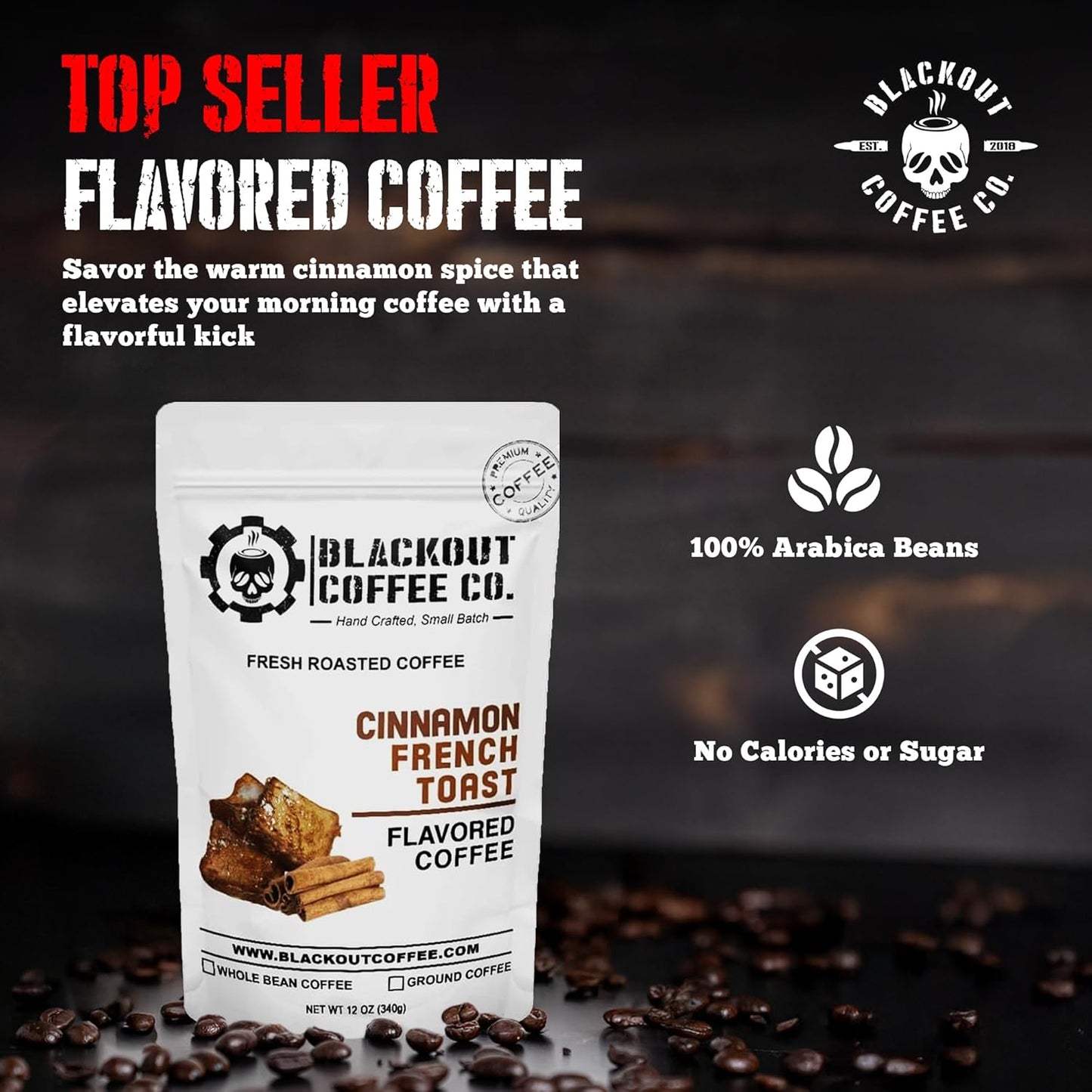 Blackout Coffee Cinnamon French Toast Flavored Ground Coffee – Medium Roast, Smooth Taste, Guilt Free Indulgence – Freshly Roasted 12oz Bag, American Made