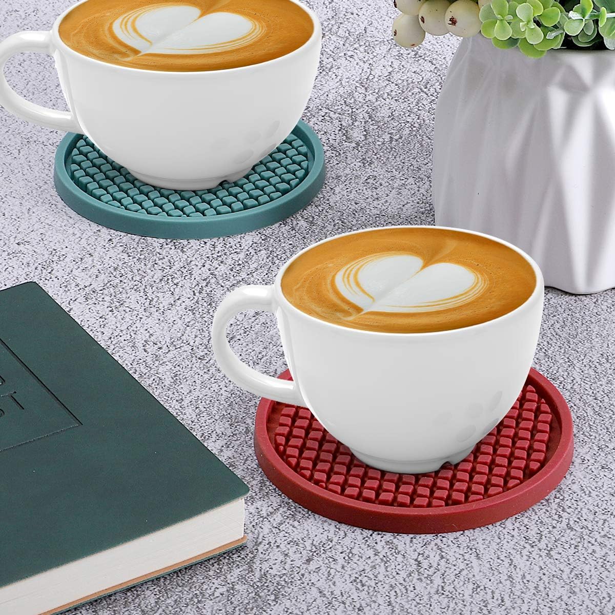 ME.FAN Silicone Coasters [6 Pack] Thickened Drink Coasters with Holder - Cup Mat - Non-Slip, Non-stick, Stay Put, Deep Tray - Prevents Furniture and Tabletop Damages(Red)