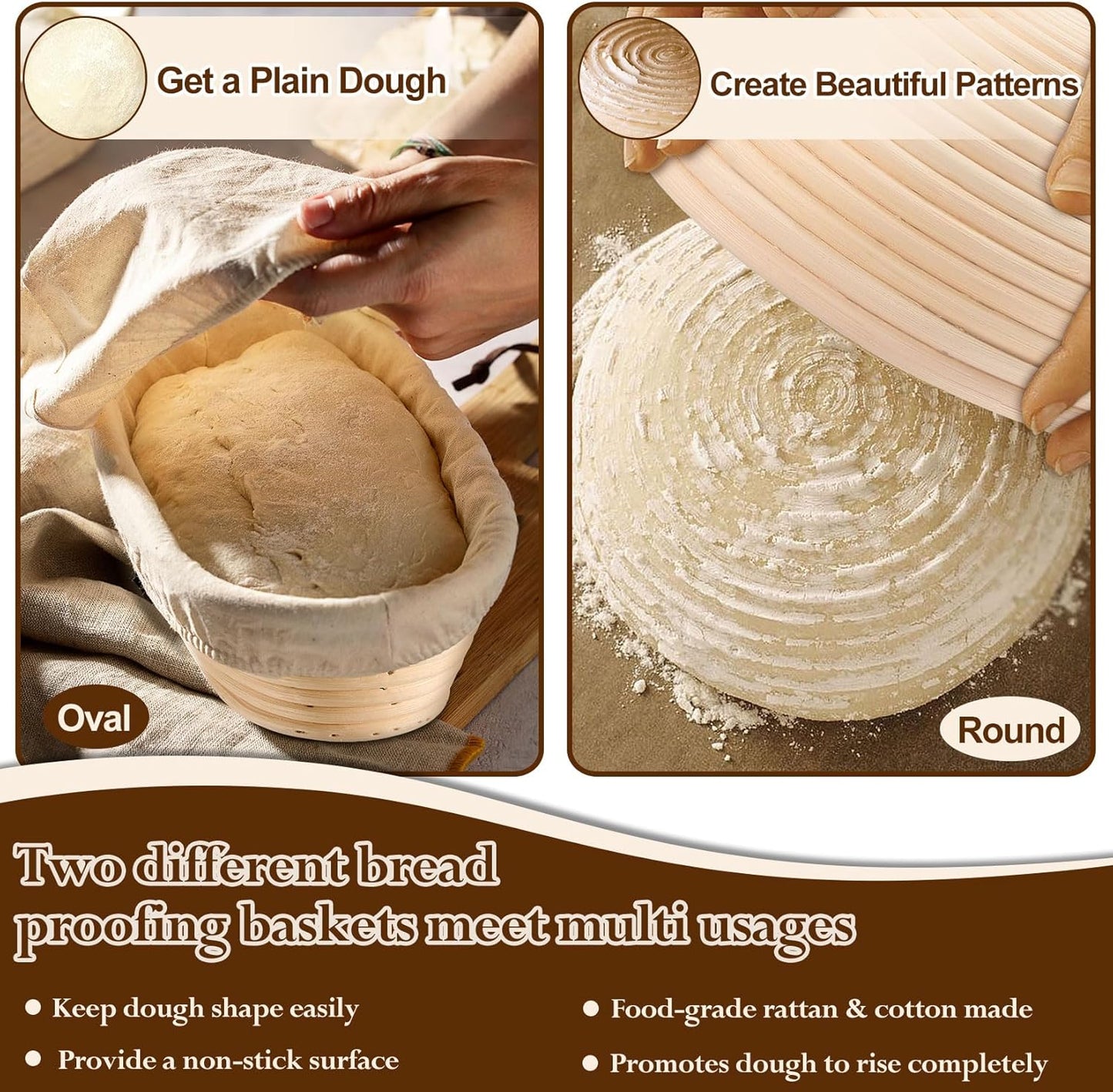 P&P CHEF Sourdough Bread Baking Supplies, 9” Round & 10” Oval Sourdough Proofing Baskets Starter Kit, Bread Making Tool Set with Cloth Liner Bread Lame Scraper Brush Dough Whisk