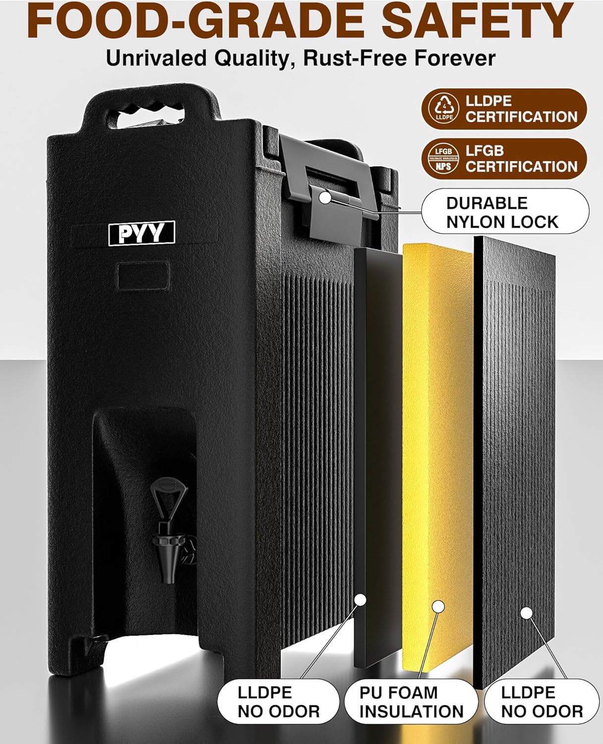 PYY Insulated Beverage Dispenser 5 Gallon - Hot and Cold Drink Container with Handles, Thermal Drink Dispenser Cooler Server carrier For Commercial Catering Black