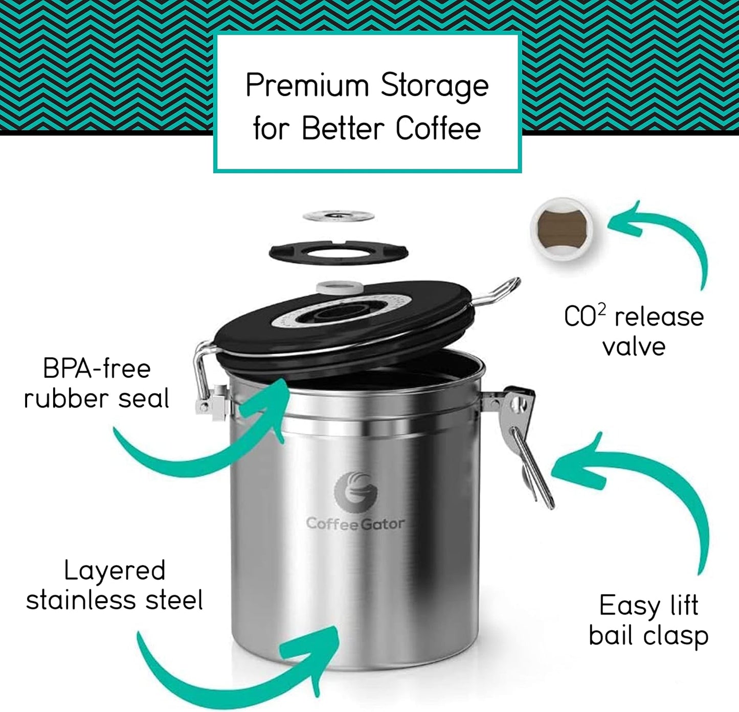 Coffee Gator Coffee Canister, 22oz Airtight Stainless Steel Kitchen Food Storage Container with Date Tracker, Scoop for Sugar, Grounds Coffee, Beans, Tea, Sugar, Cereal, Flour, Cookies Jars - Orange