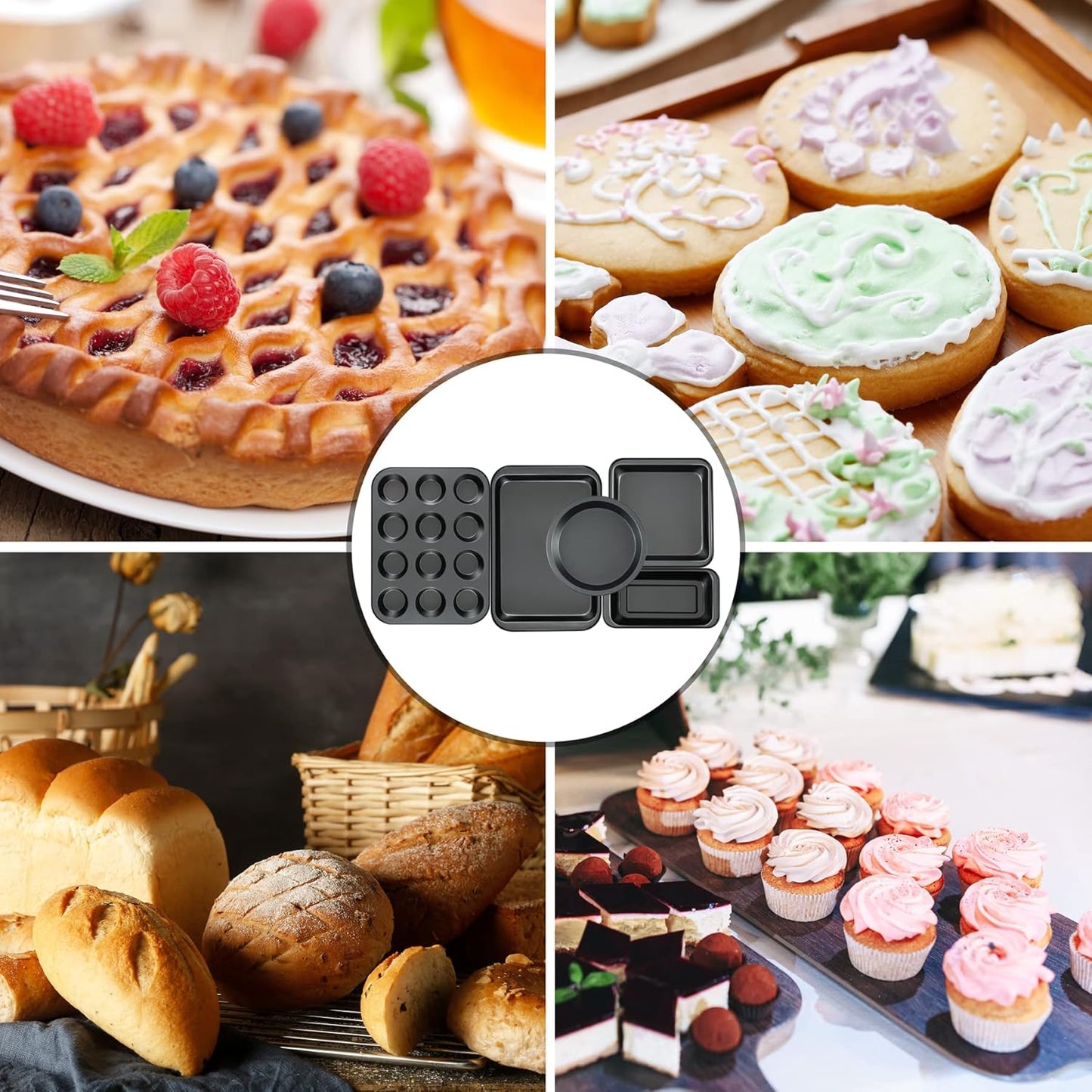 Kitchen 5-Piece Nonstick Bakeware Set - Round/Square Cake Pans, Muffin Pan, Loaf Pan, Roast Pan & Baking Sheets