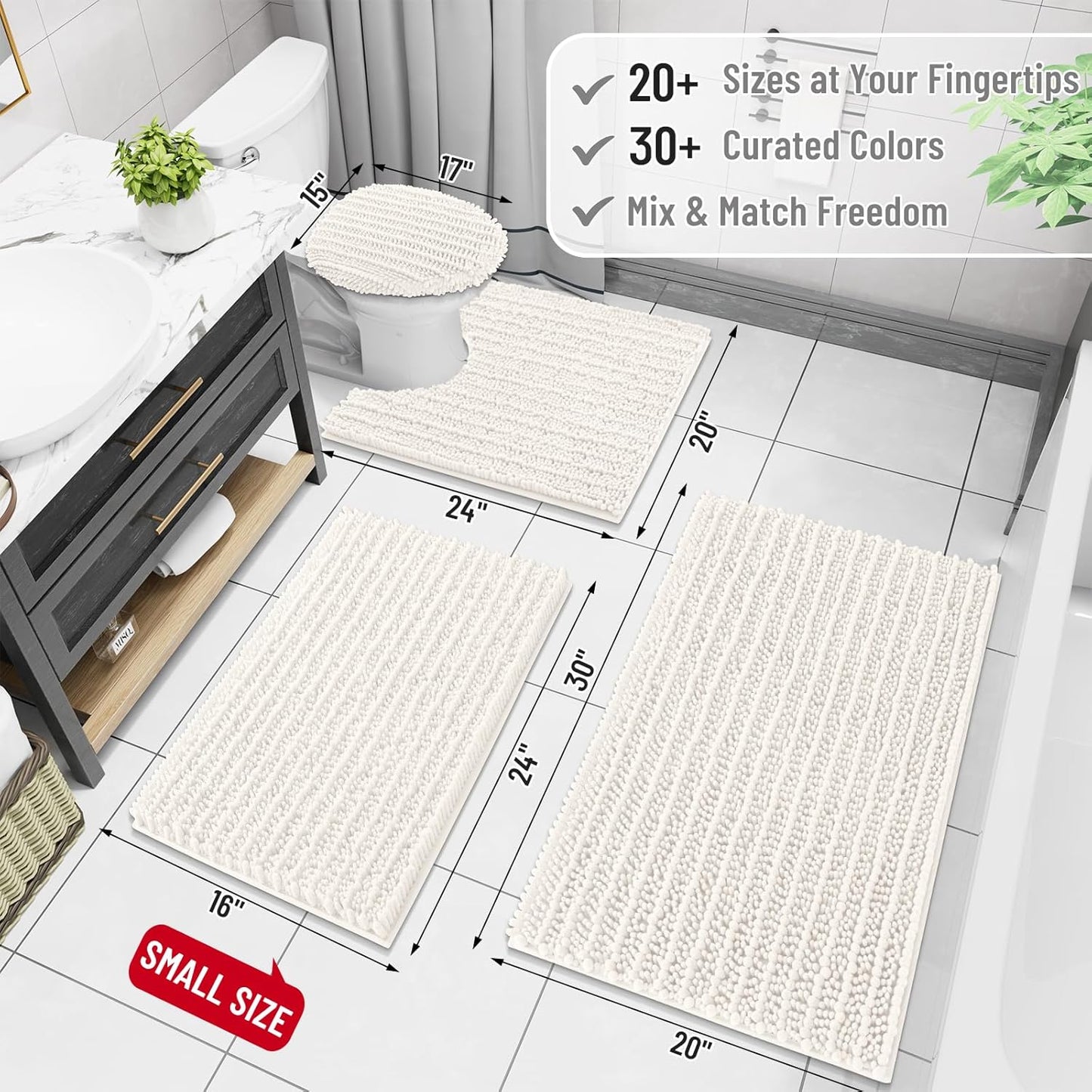 Arotive Luxury Chenille Bathroom Rug Mat, Extra Soft Thick Absorbent Shaggy Bath Rugs, Non-Slip Machine Wash Dry, Plush Bath Mats for Bathroom, Shower and Tub, 30x17, Ivory