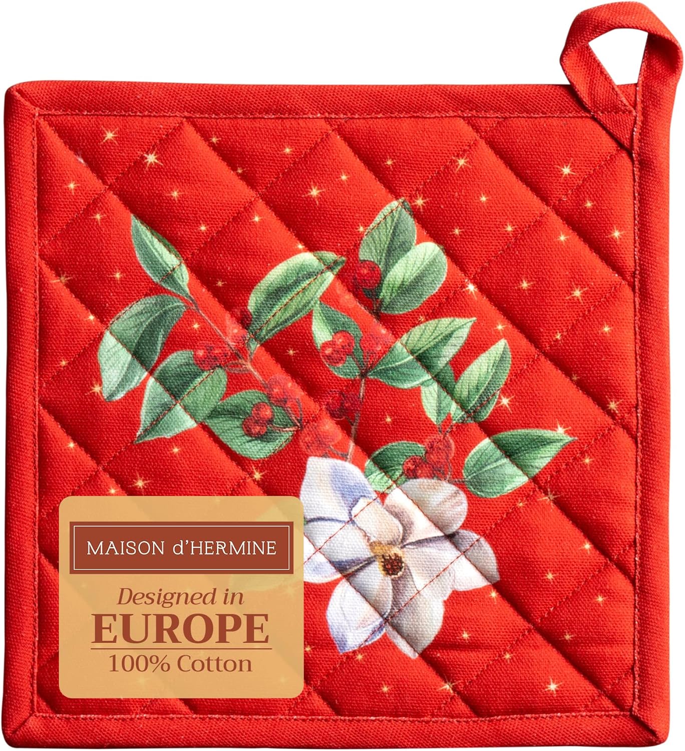 Maison d' Hermine Pot Holders 100% Cotton Heat Resistant Potholders 8" x 8" Hot Pads with Loop BBQ, Cooking, Baking, Grilling, Kitchen, Handling Hot Pans (Pack of 1, Noel)