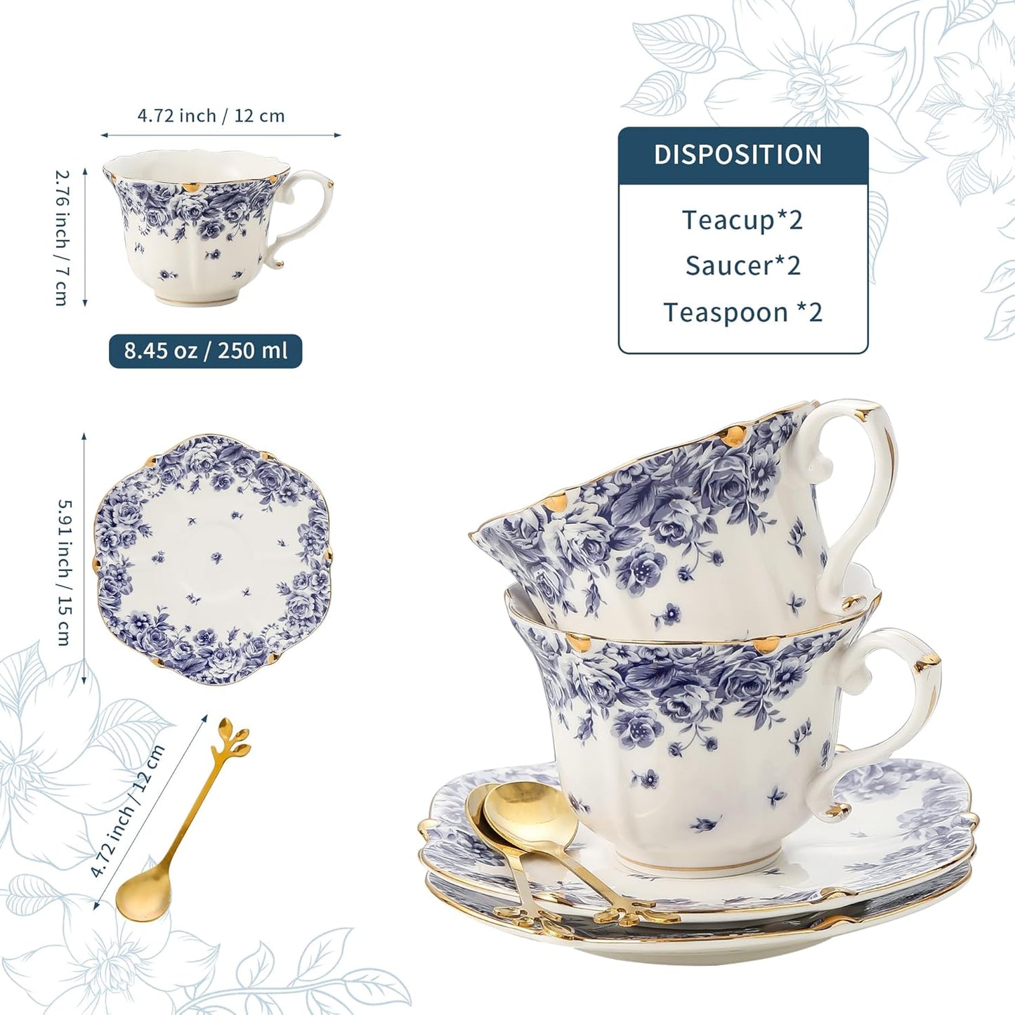 TATSUMI Country Roses Bone China Tea Cup and Saucer Set, 6 Pieces, Vintage Style, For Women and Tea Parties（sky blue，2 sets）