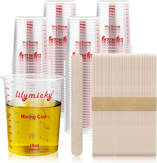 16 oz Plastic Mixing Cups, 100 Pack 16 oz (500ml) Disposable Measuring Cups with 100 Wooden Mixing Sticks, Can Be Used for Epoxy Resin, Liquid Measuring, Paint, Cooking and Baking