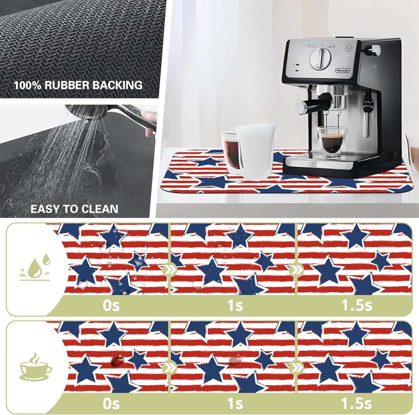 Dish Drying Mat Watercolor Blue Star Red Stripes Kitchen Mat 16"x24" Bsorbent Coffee Maker Mat for Dishes,Utensils Coffee Maker Pots and Pans Easy Clean Dish Slip Resistant Pad