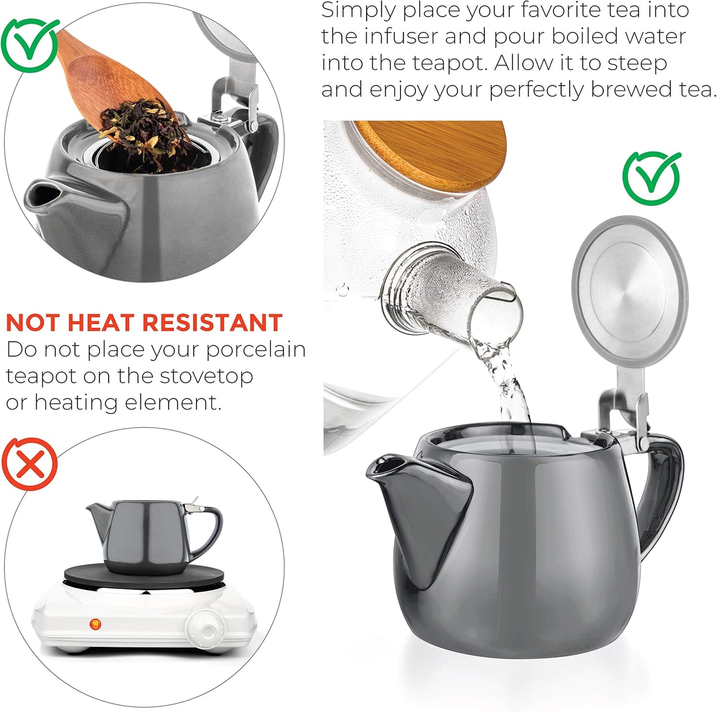 Tealyra - Pluto Porcelain Small Teapot Grey - 18.2-ounce (1-2 cups) - Unique Finish - Stainless Steel Lid and Extra-Fine Infuser To Brew Loose Leaf Tea - 540ml