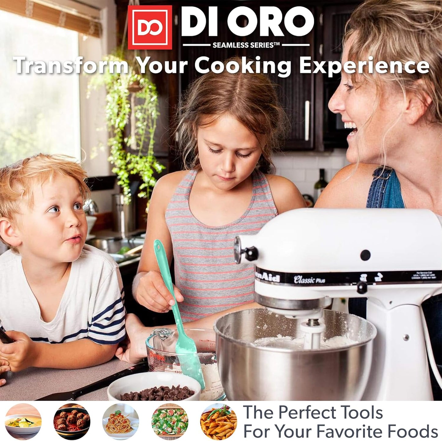 DI ORO Silicone Spoons for Cooking - Large Kitchen Spoons for Mixing, Serving, & Stirring - 600°F Heat-Resistant Non Stick Utensils – Big Solid & Slotted Basting Spoons - Dishwasher Safe (2pc, Mint)