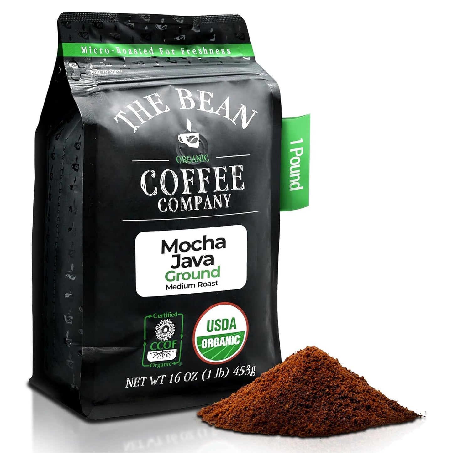 The Bean Organic Coffee Company Mocha Java, Medium Roast, Ground Coffee, 16-Ounce Bag,Café molido tostado organico