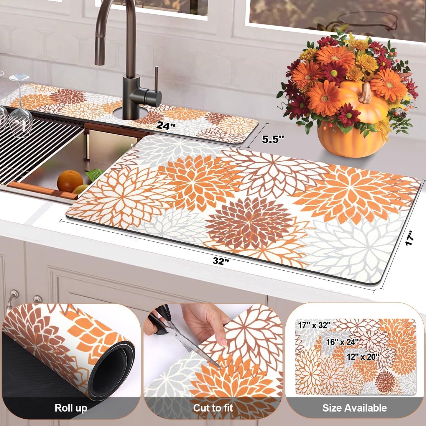 Findosom 2PCS 17" x 32" Fall Dish Drying Mat & 24" x 5.5" Sink Splash Guard, Super Absorbent & Cuttable Dish Mat Drying Kitchen Mat with Orange Floral, Hide Stain Drying Mat for Kitchen Counter