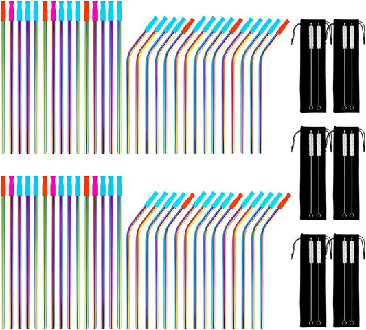 60 Pcs Color Reusable Metal Straws, Stainless Steel Drinking Straws with 60 Silicone Tip, 6 Travel Case and 12 Cleaning Brush, Suitable for 16oz and 20oz Tumblers