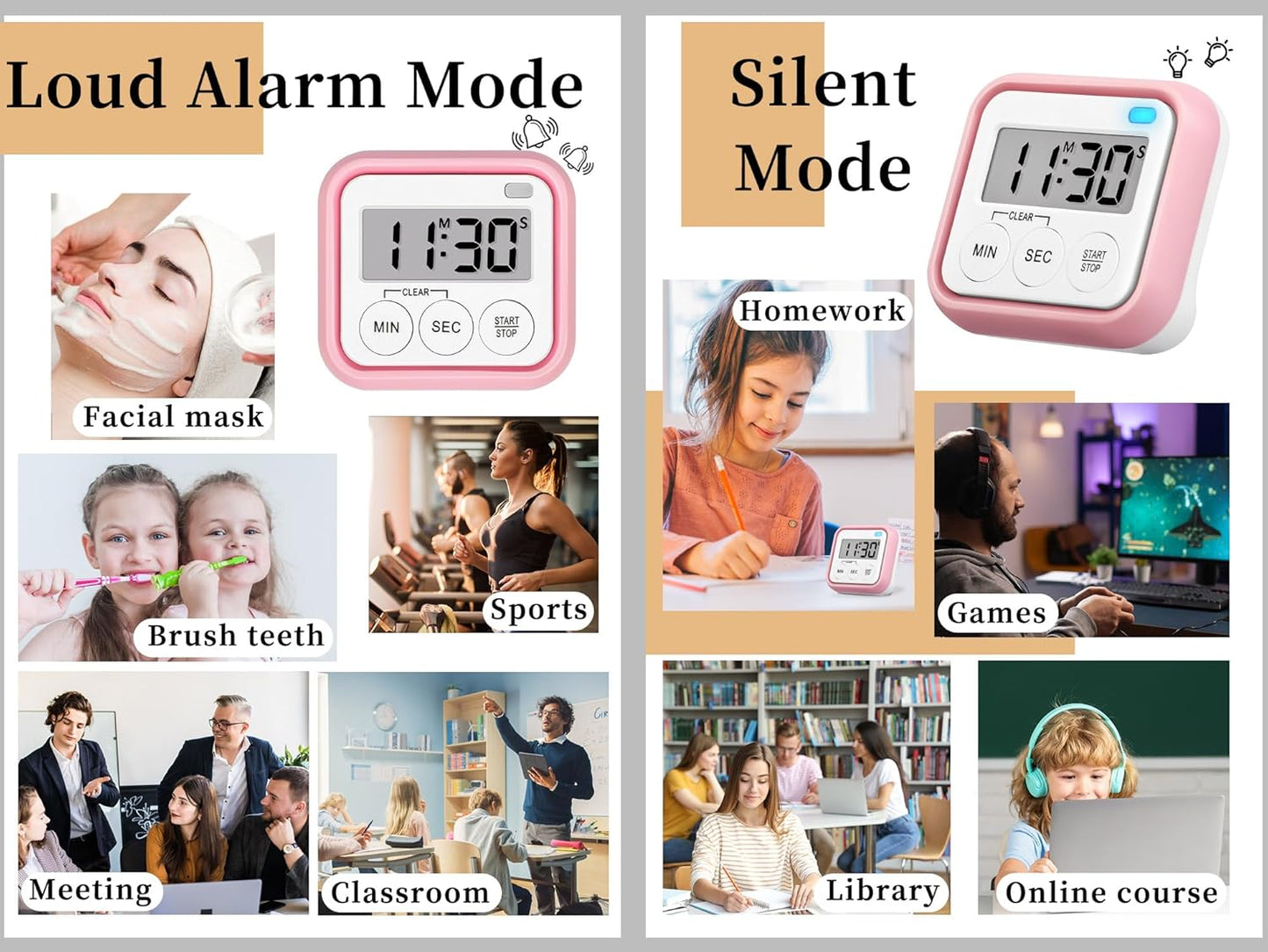 Timer, Kitchen Timers for Cooking Classroom Timer for Kids Teachers Magnetic Digital Timers 2 Pack, Pink