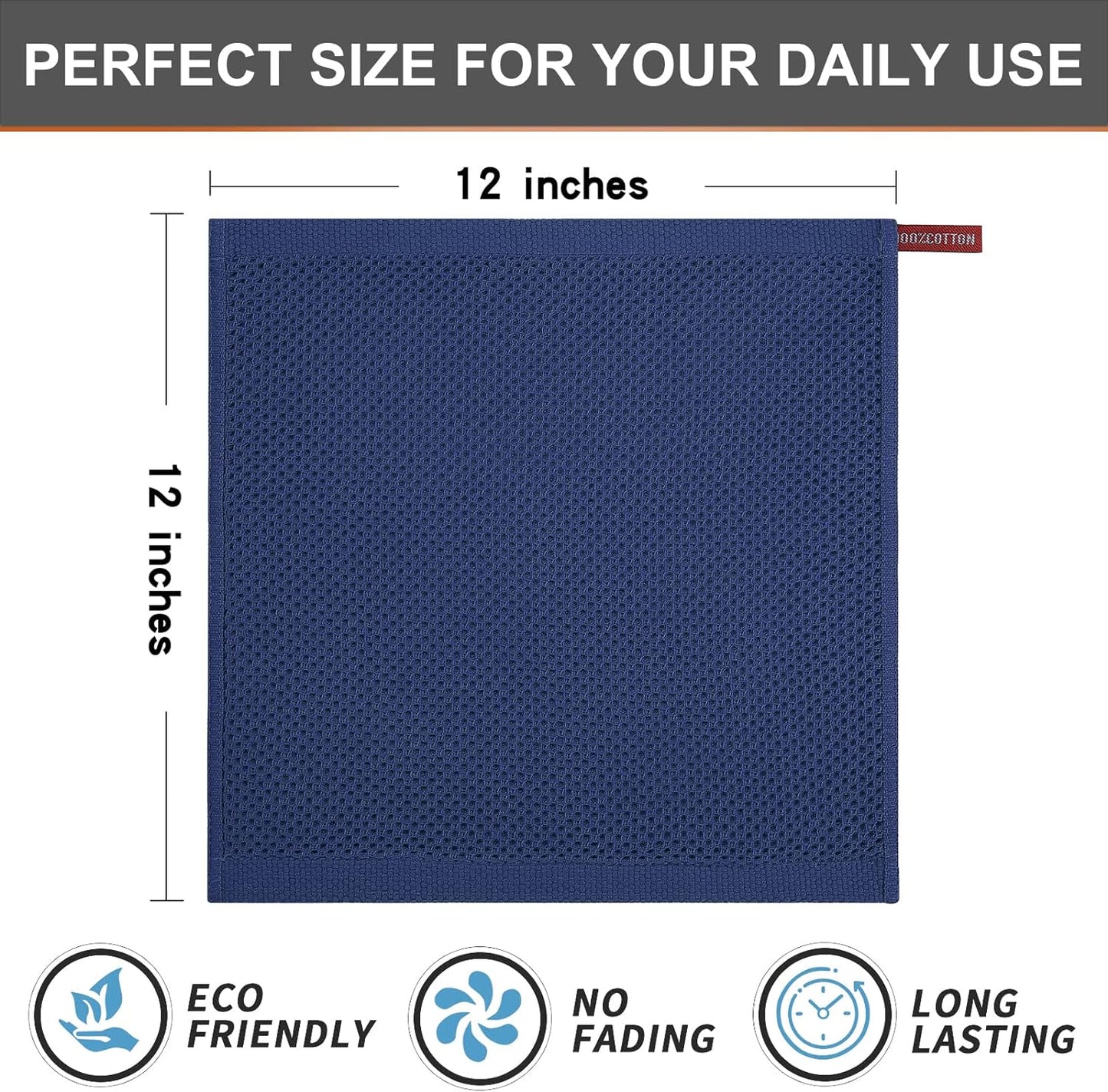 Kitinjoy 100% Cotton Kitchen Dish Cloths, 6 Pack Waffle Weave Ultra Soft Absorbent Dish Towels for Drying Dishes Quick Drying Kitchen Towels Dish Rags, 12 X 12 Inches, Navy Blue