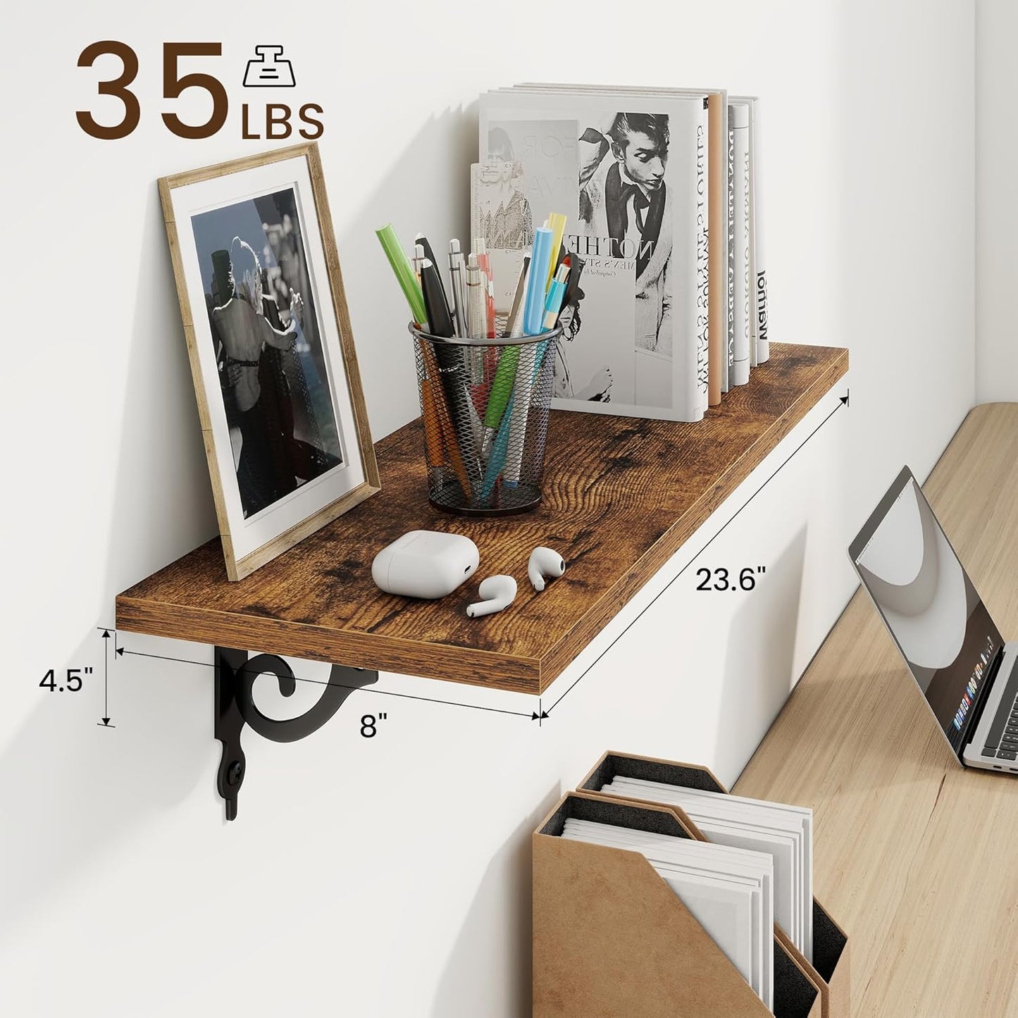 RICHFOCUS Floating Shelves for Wall Decor, 24Inch Wall Shelves Set of 2, 24W x 8D Floating Shelves Wall Mounted with Metal Brackets, Rustic Wood Shelves for Living Room Bedroom Kitchen, Rustic Brown