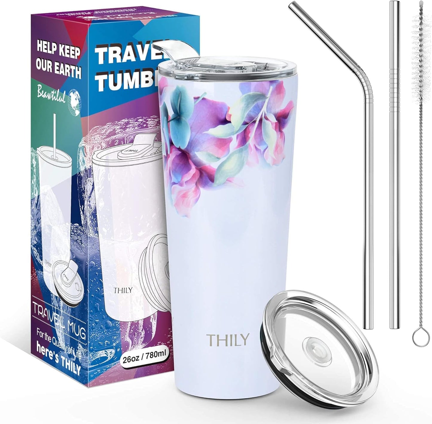 THILY Stainless Steel Vacuum Insulated Tumbler Travel Mug 26 oz Coffee Cup with 2 Lids and Straws, Splash Proof, Keep Ice Drinks Cold, Pink Lilies