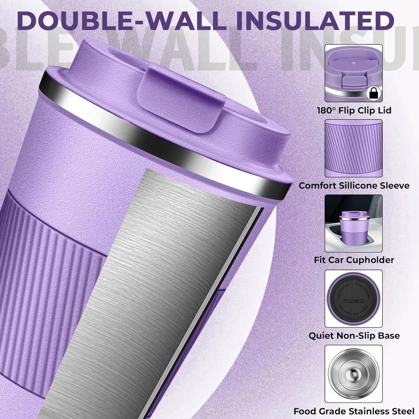 Insulated Coffee Tumbler 12 oz, Stainless Steel Coffee Mug with Lids, Travel Coffee Mug Leak Proof, Double Wall Vacuum Insulated Reusable Coffee Cup, Keep Drinks Hot and Cold (Lavender, 12 Ounces)