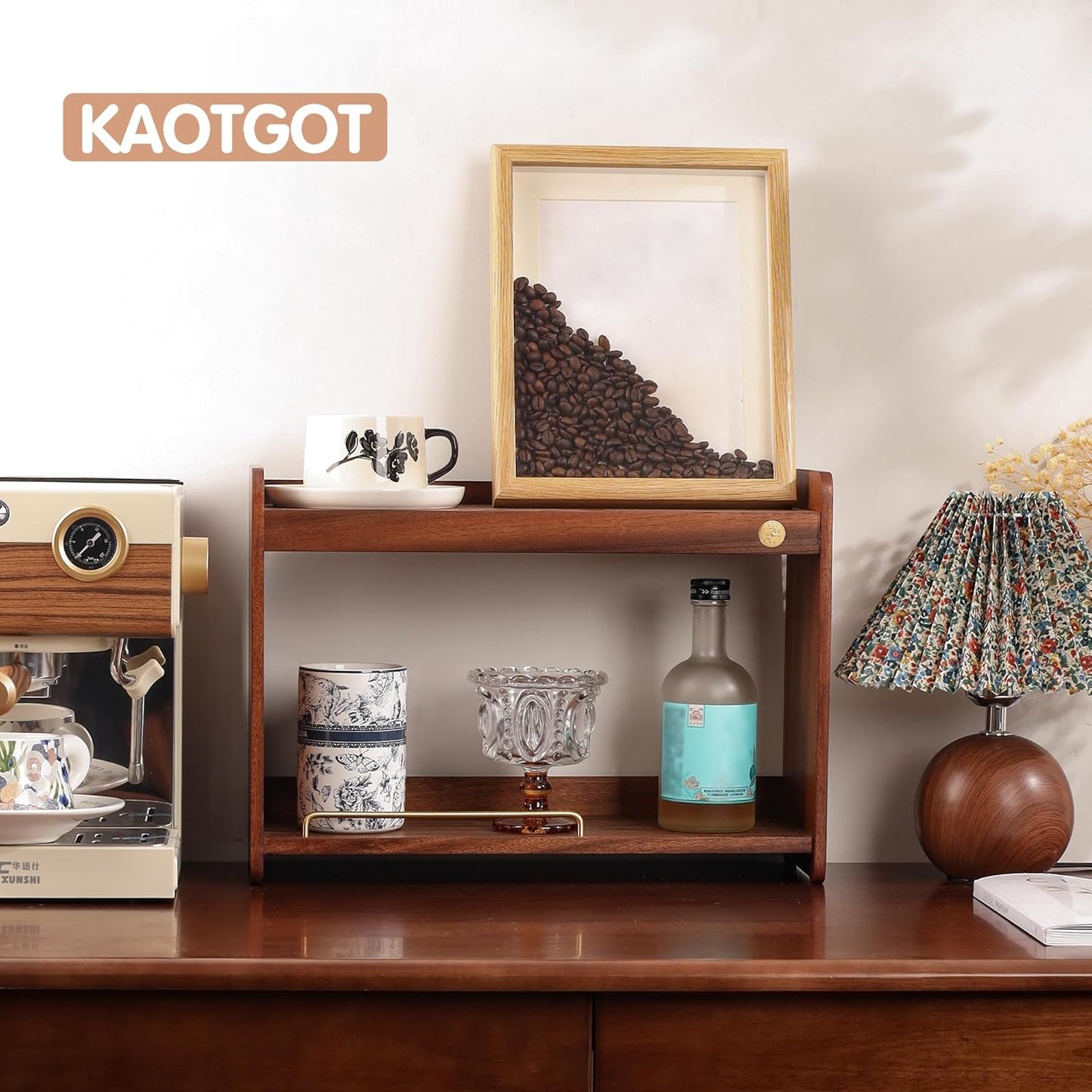 Coffee Mug Holder Wooden Cup Rack Mug Display Shelf Coffee Cup Holder for Countertop With 4 Mug Cups 2 Tier Wood Coffee Mugs Holder for Kitchen Coffee Cup Storage