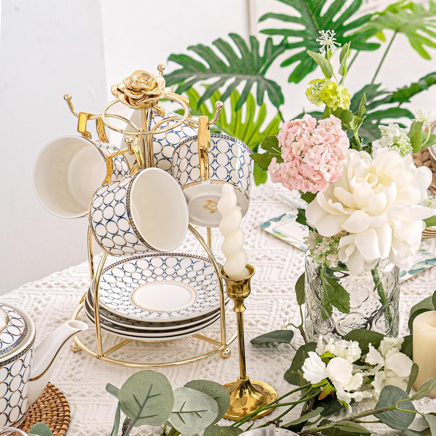 CwlwGO- Bone China Tea Cup Sets,15-Pieces Tea Cup and Saucer Set Service For 4 Whit 28 Ounces Teapot,Sugar Bowl,Creamer Pitcher and Spoons, Tea Gifts Sets For Women Patry.