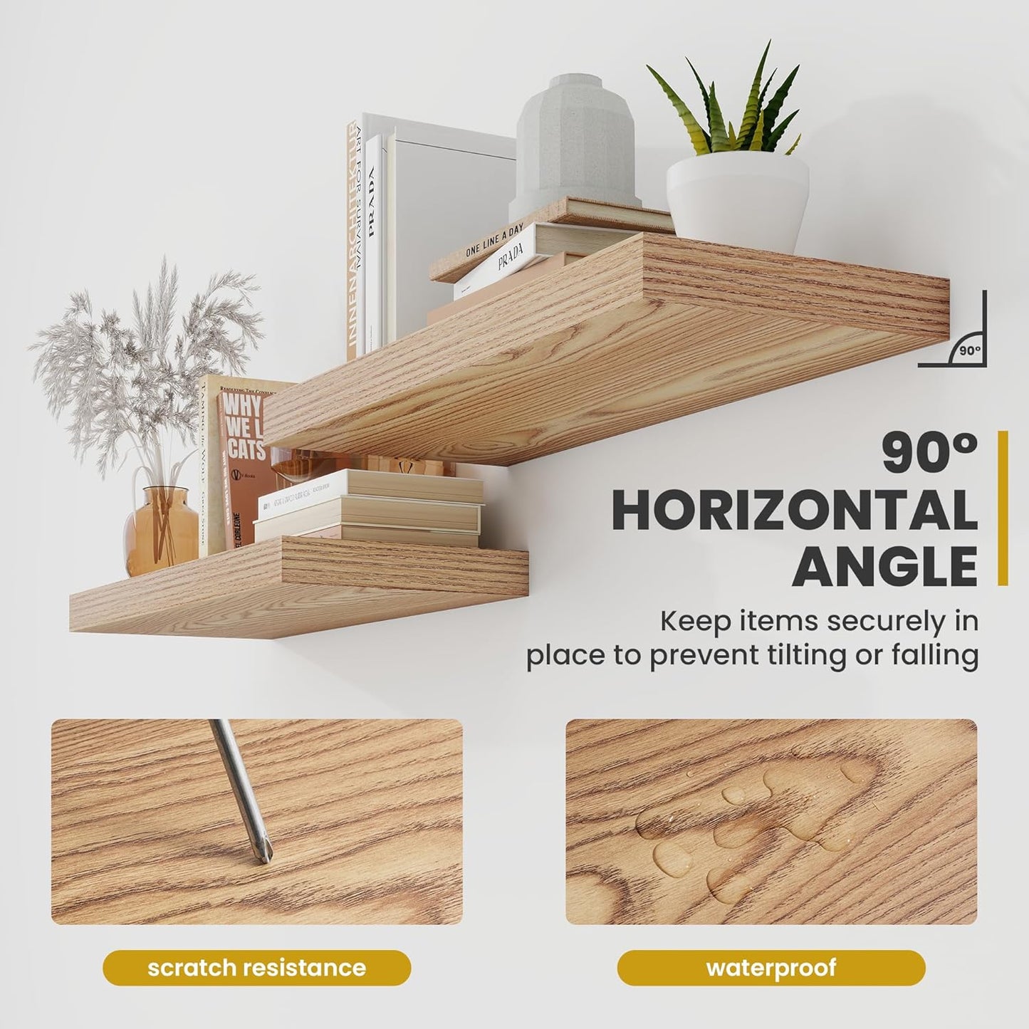 36 Inch Floating Shelves, 9.3" Deep Floating Shelf Wall Mounted, 36" Wall Shelves, Rustic Deep Bookshelf, Large Display Shelves & Storage Shelves for Bedroom, Living Room, Light Brown, Set of 2