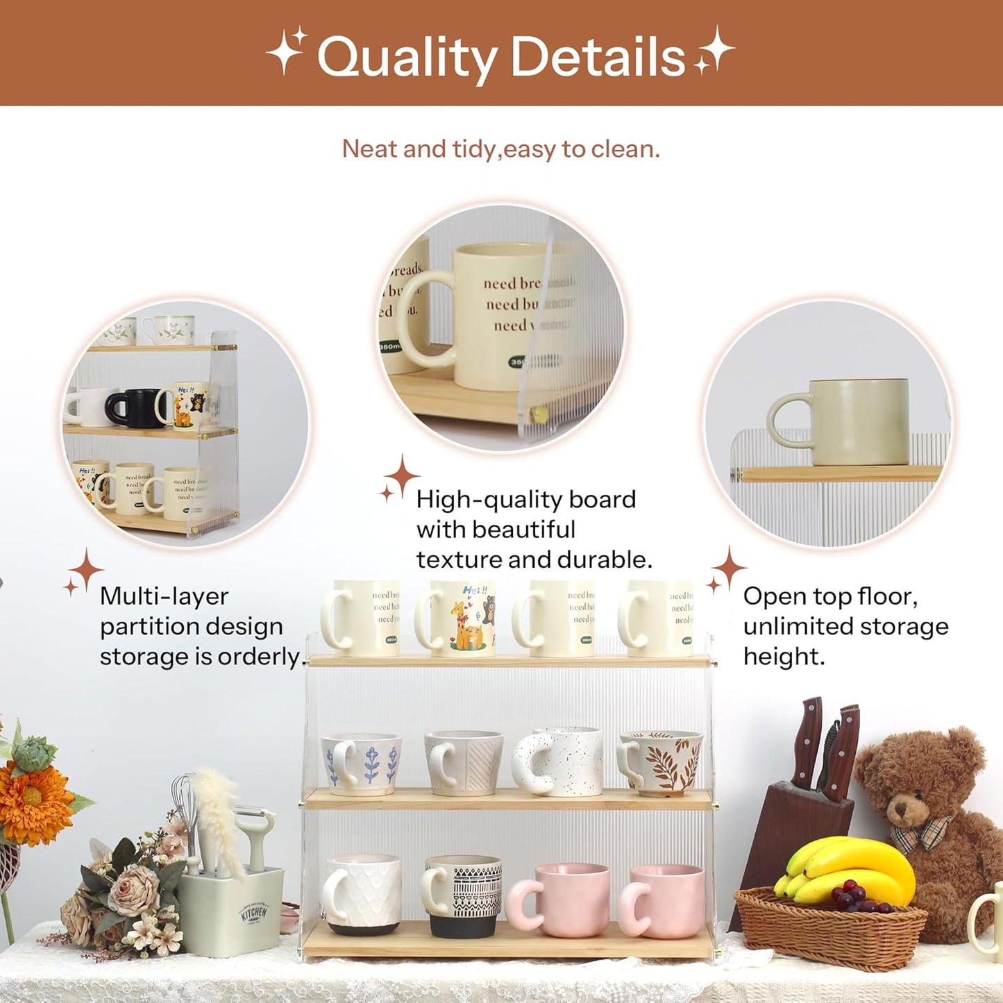 Coffee Mug Holder Wooden Cup Station Organizer 3 Tier Cup Holder for Coffee Bar Mug Display Rack for Countertop Mug Holder Shelf for Home Kitchen Trapezium-Pinewood