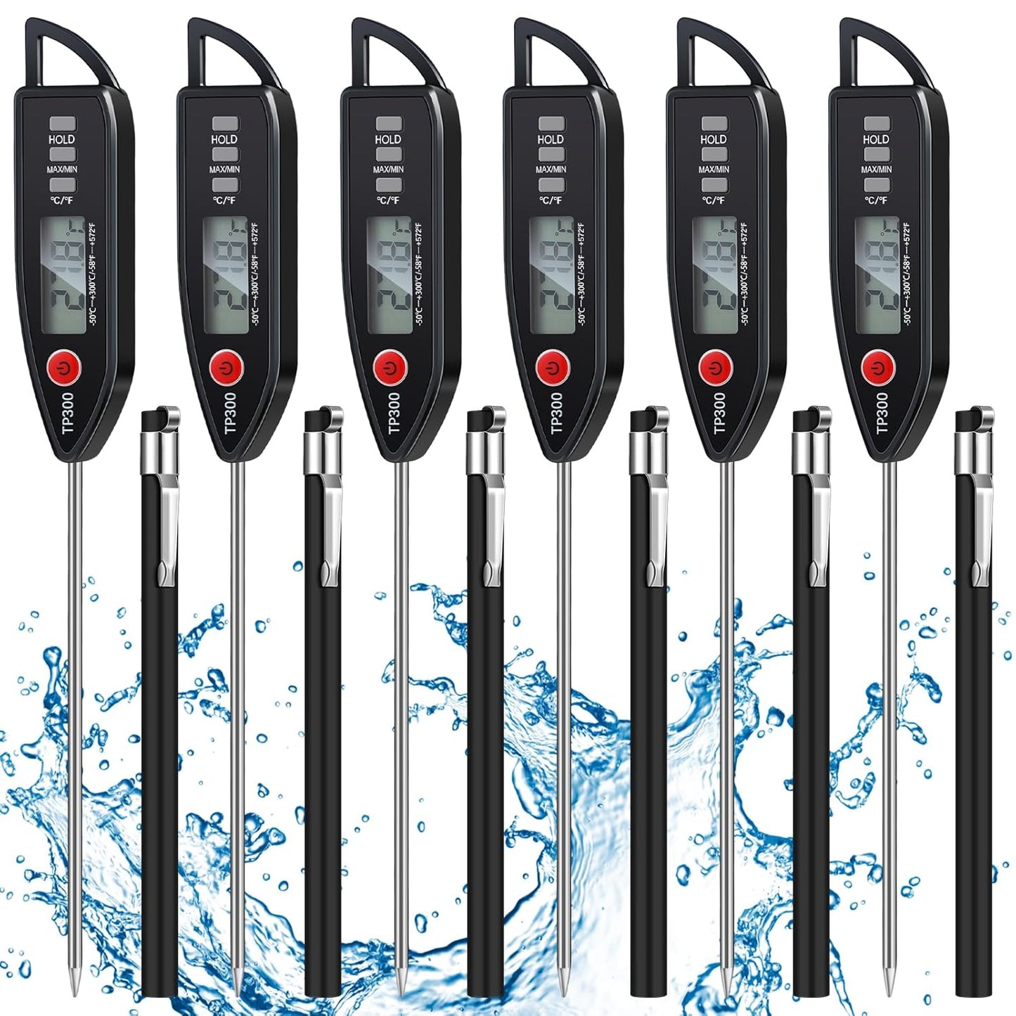 6 Set Waterproof Food Thermometer for Water, Liquid, Candle and Cooking Digital Meat Thermometer with Long Probe Instant Read for Kitchen BBQ Grill Candy (Black)