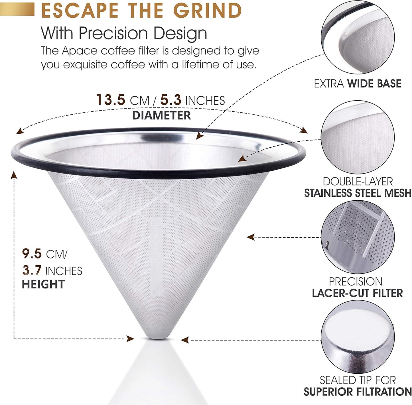 Compatible with Hario V60, Chemex Pour Over Coffee Filter - Wide Metal Base Reusable Stainless Steel Coffee Dripper - Paperless Coffee Filter for Sustainable Brewing