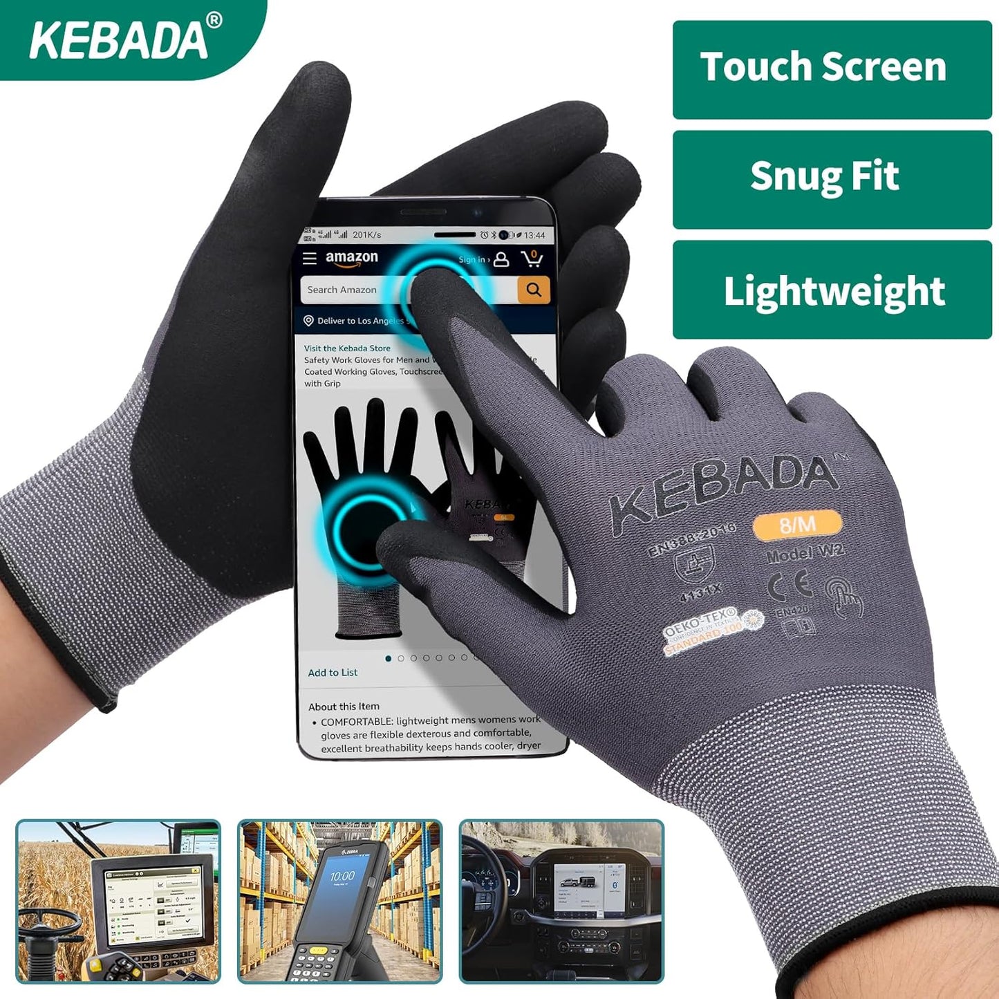 Kebada W2 Safety Work Gloves, Micro-Foam Nitrile Coated Gloves, Touchscreen,Ideal for Package Handling, Gardening, Construction, 1 Pair Medium