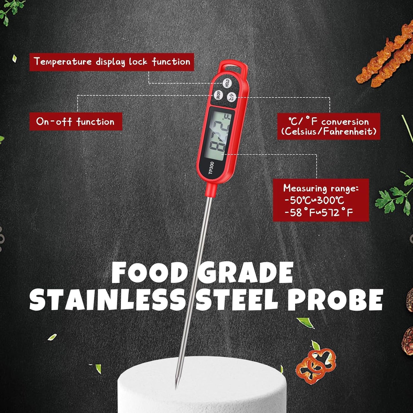 6 Pcs Meat Thermometer Food Thermometer with Probe Water Liquid Instant Read Digital Thermometer Cooking Thermometer Supplies BBQ Kitchen Thermometer for Cooking Milk Yogurt (Red)