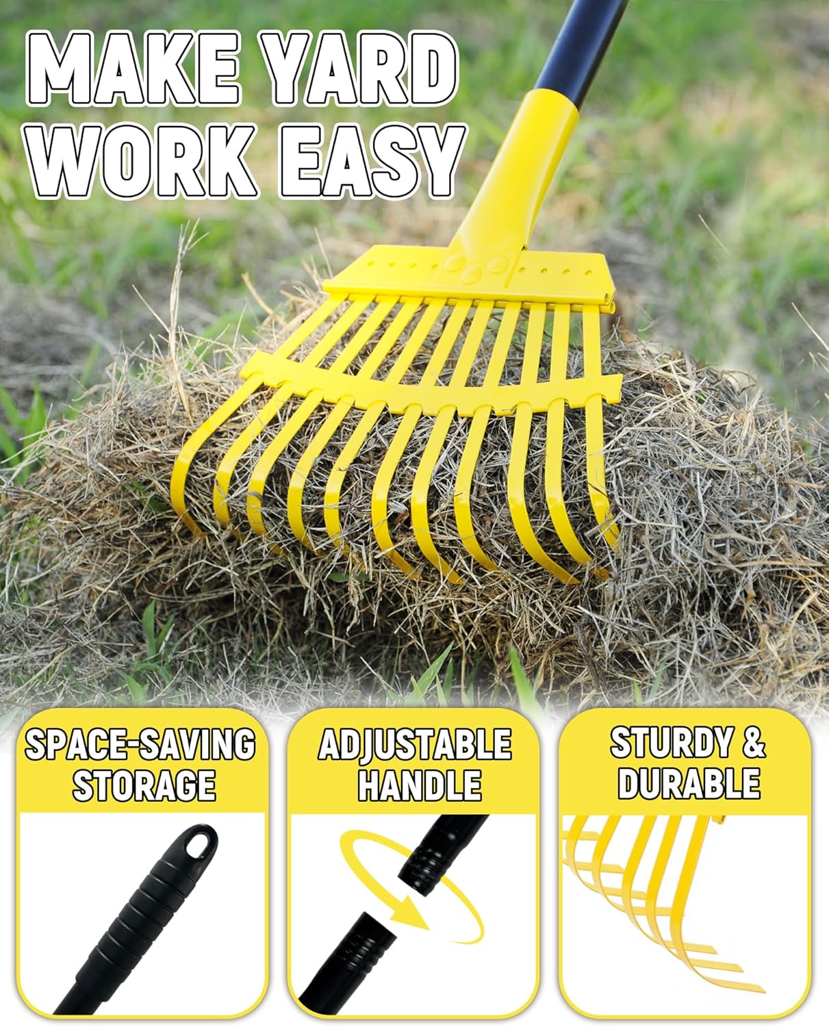 Garden Leaf Rake, 8.7” Wide Metal Rake with 11 Teeth, 59" Adjustable Long Handle, Heavy Duty Lightweight Leaf Rakes for Small Lawn Yard Shrub,Tight Spot Garden Bed Leaf Debris Picking Cleaning