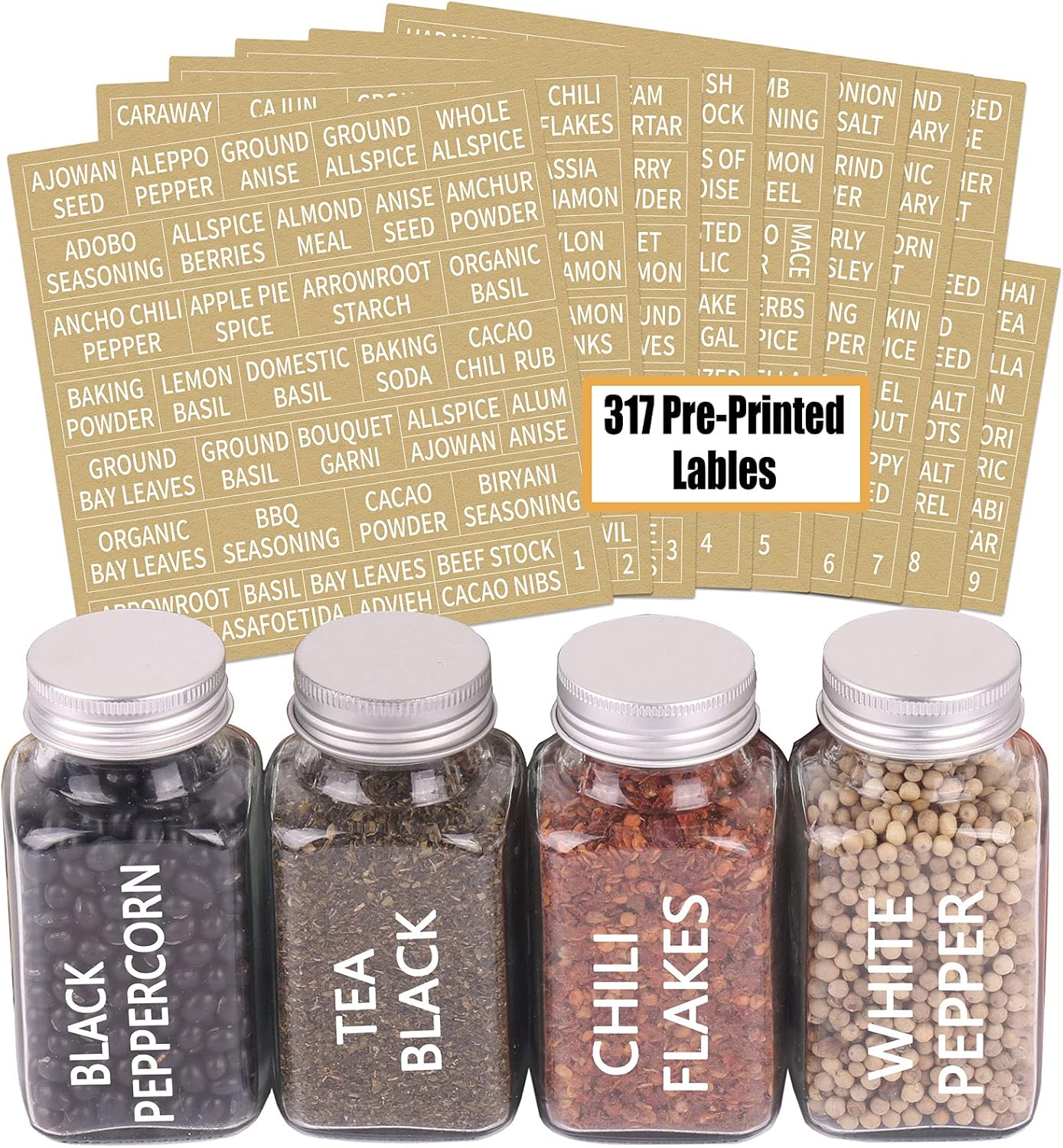 SWOMMOLY 25 Glass Spice Jars 6 oz Empty Square Spice Bottles with 703 Spice Labels, Chalk Marker and Funnel Complete Set. Spice Containers with Airtight Cap, Pour/sift Shaker Lid