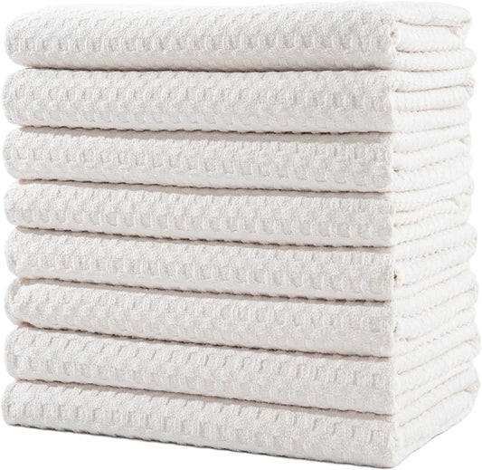 POLYTE Ultra Premium Microfiber Kitchen Dish Hand Towel Waffle Weave, 8 Pack (16x28 in, Off White)