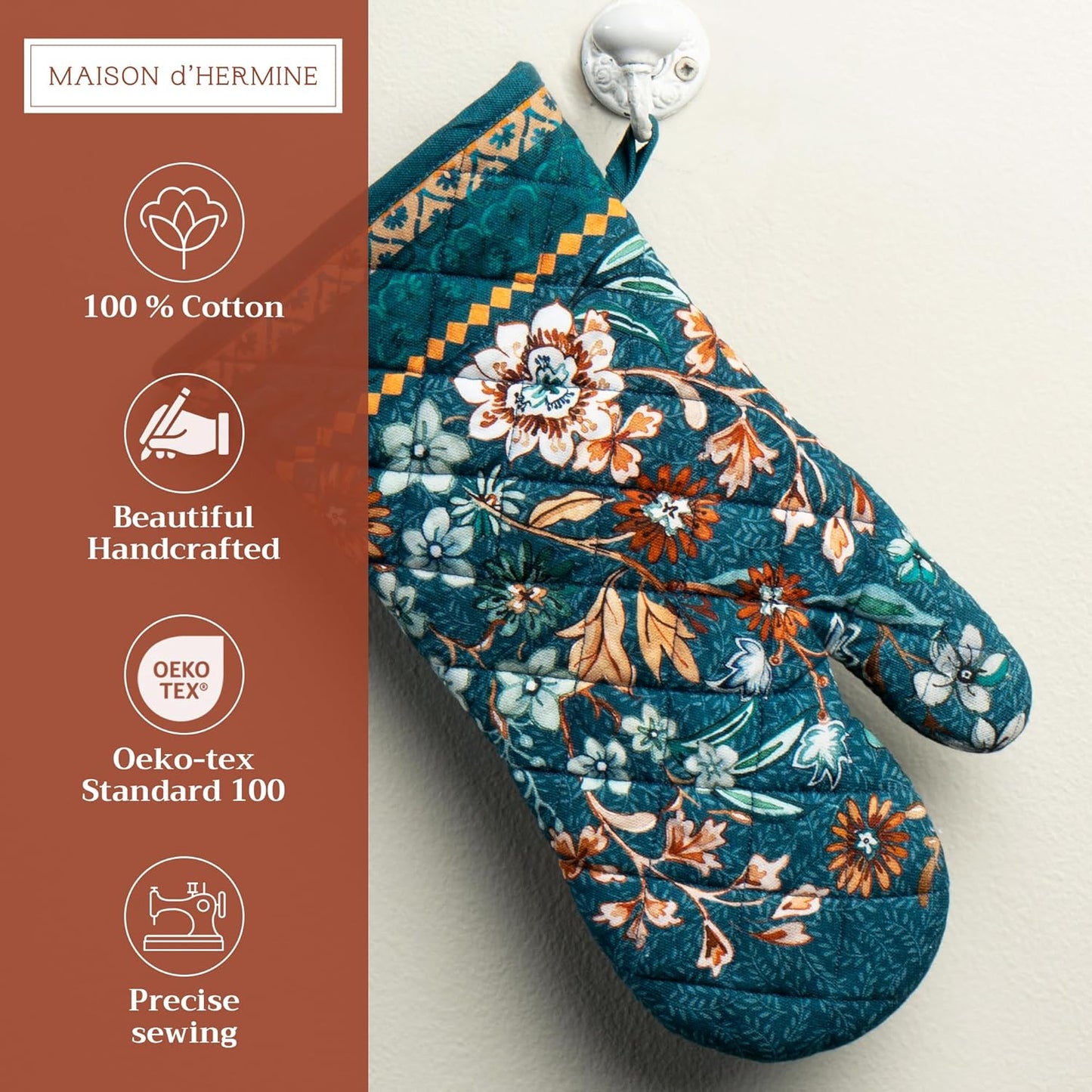 Maison d' Hermine Oven Gloves 100% Cotton Oven Mitt 7" x 13" with Loop Heat Resistant, BBQ, Cooking Gloves, Baking, Grilling, Kitchen, Handling Hot Pans (Pack of 1, Luxury Loft-Dark Teal)