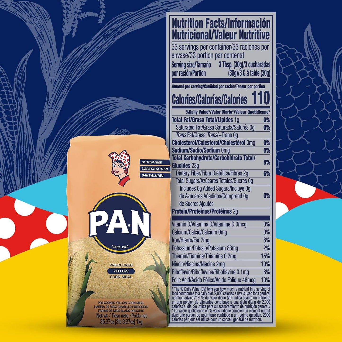 P.A.N. Yellow Corn Meal – Pre-cooked Gluten Free and Kosher Flour for Arepas (2.2 lb/Pack of 4)