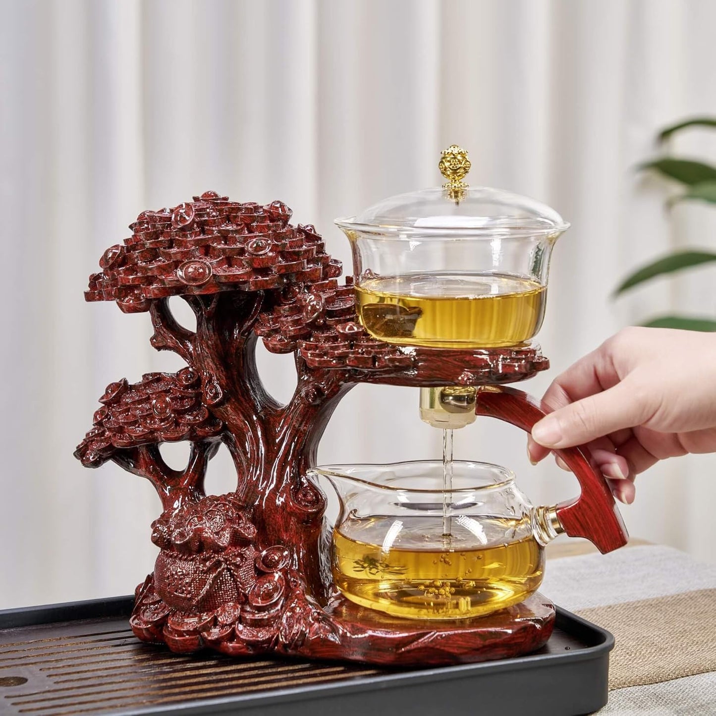 Glass Teapot Set with Infuser Semi Automatic Tea Set Magic Teapot (Tree - red)