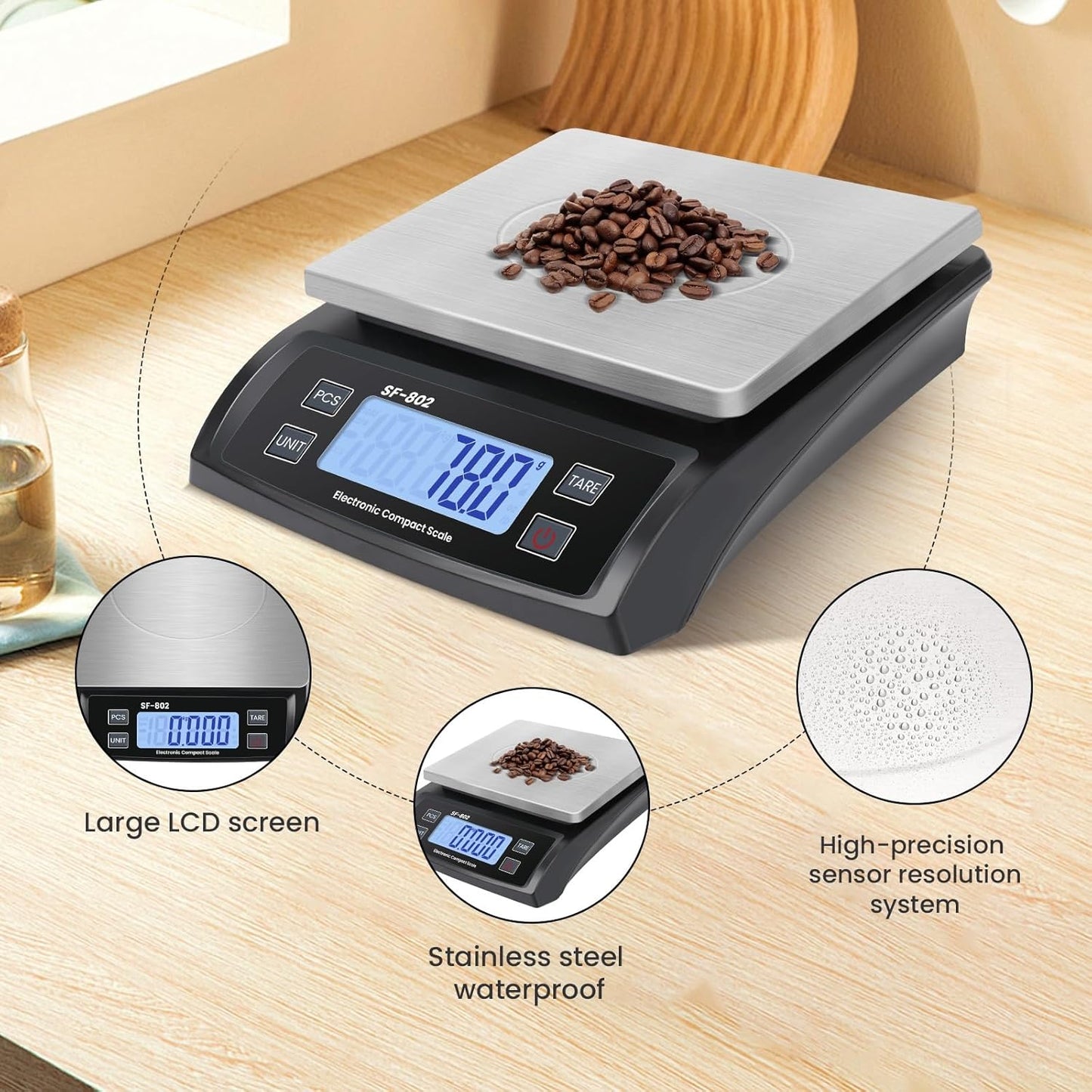 Digital Kitchen Scale 30kg/66lb Large Food Scale for Baking Cooking Stainless Bread Scale with LCD Display Counting Scales for Commercial (Color : Stainless Black)