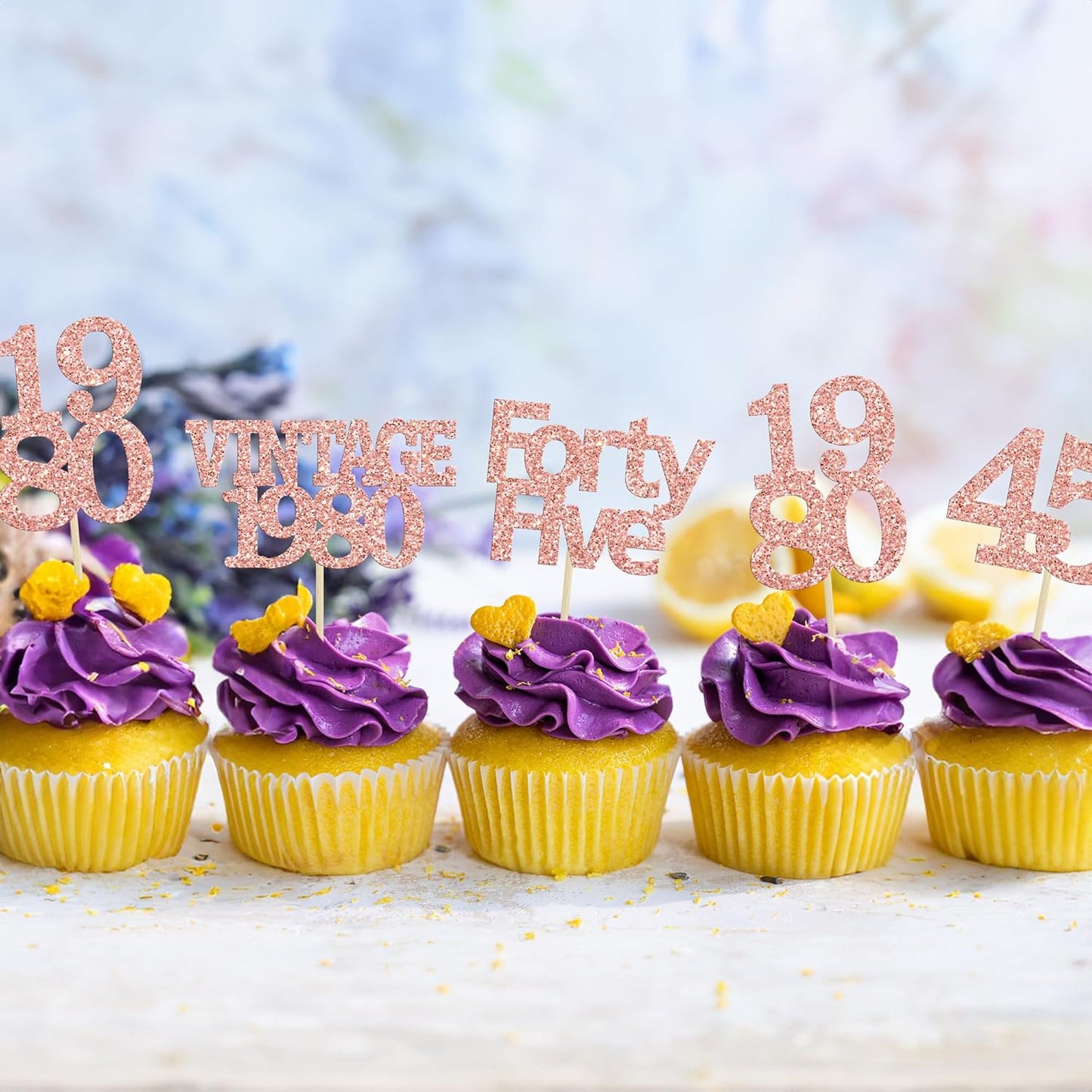 Gyufise 24Pcs 45th Birthday Cupcake Toppers Glitter Cheers to 45 Fabulous Forty Five Vintage 1980 Cupcake Picks 45th Birthday Wedding Anniversary Party Cake Decorations Supplies Rose Gold