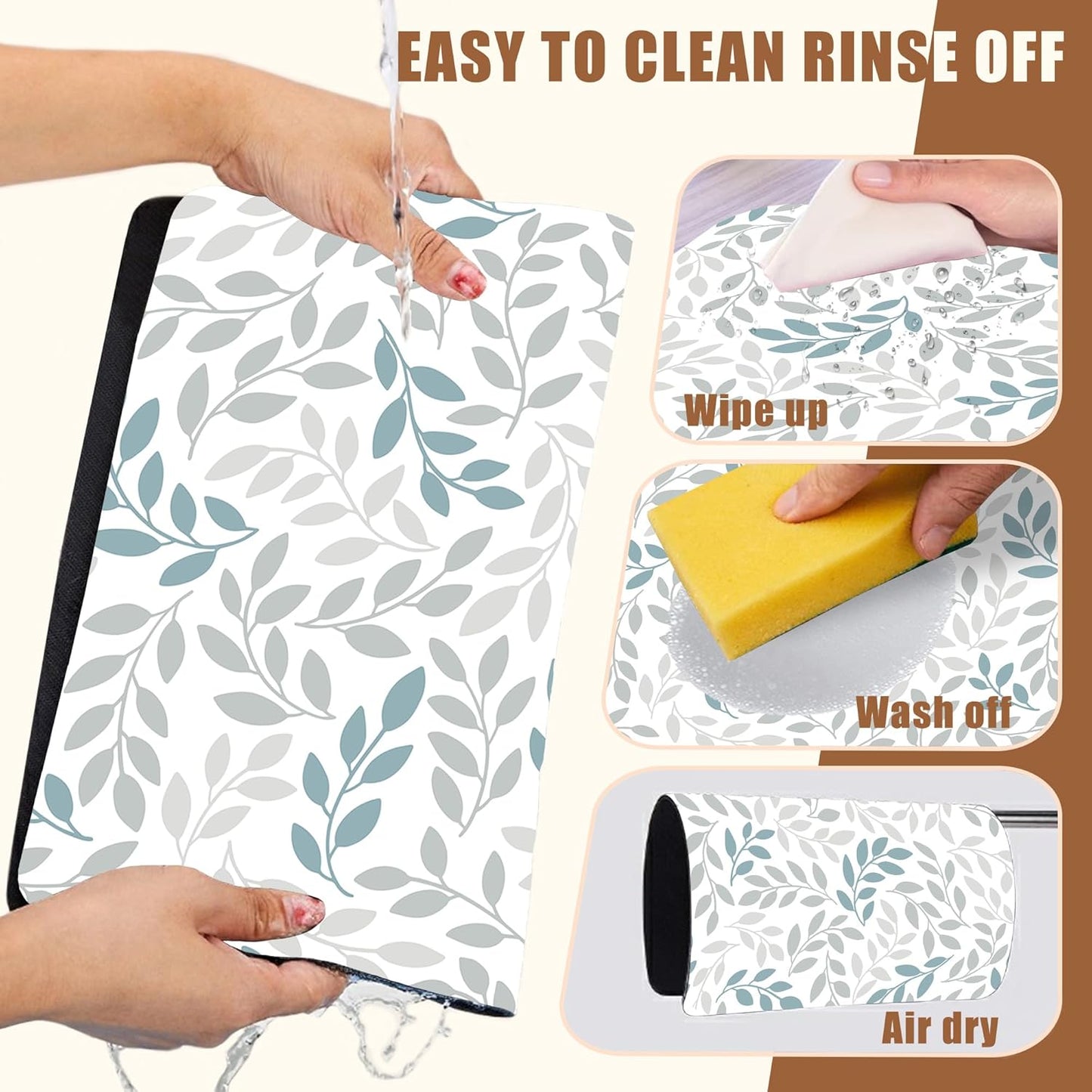 Grey and Blue Leaves Branches Dish Drying Mat for Kitchen Counter Coffee Bar Mat Hide Stain Absorbent Rubber Backed Dish Drainer Rack Pad Espresso Machine Coffee Bar Accessories 11.8 x 19.7 Inch