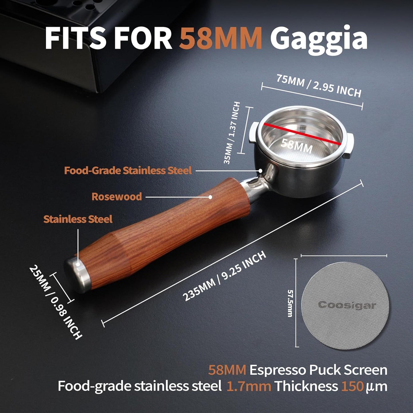 58mm Bottomless Portafilter | Fits for Gaggia machines| Stainless Steel portafilter and Rosewood Handle|Espresso Machine Accessories(Rosewood)