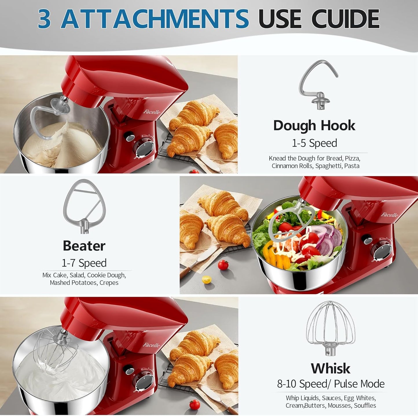 Facelle Stand Mixer, 10-Speed 6QT Kitchen Electric Mixer, Tilt-Head Food Mixer with Beater, Dough Hook, Wire Whip and Egg Separator, scraper for Most Home Cooks - Red