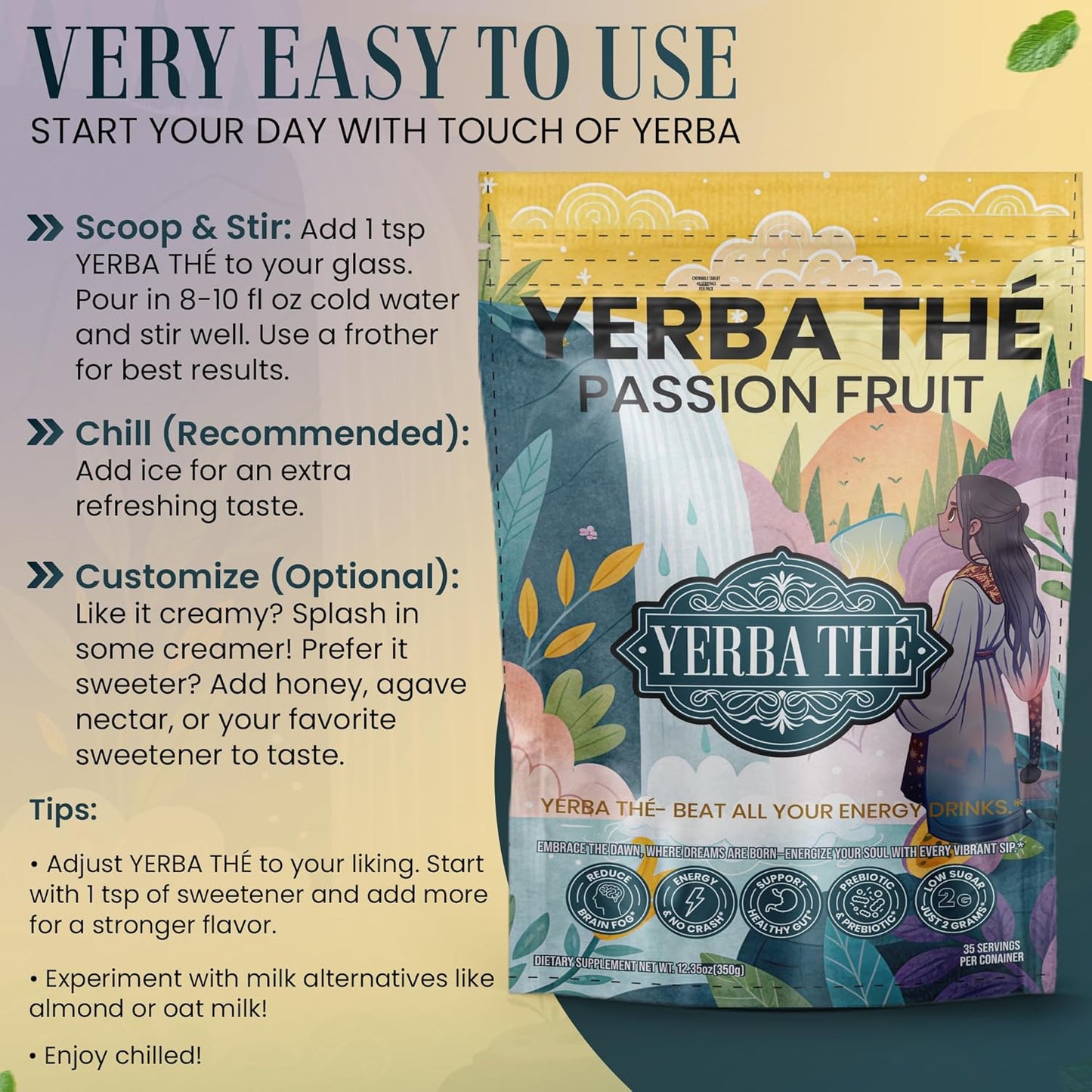 Ancient Diosa - Yerba Mate Tea Powder 350g, 35-Servings - Passion Fruit Flavor Clean Energy Drink Superfood - Support Gut Health, Probiotics and Prebiotics, Reduce Brain Fog, Relaxation & Focus Blend