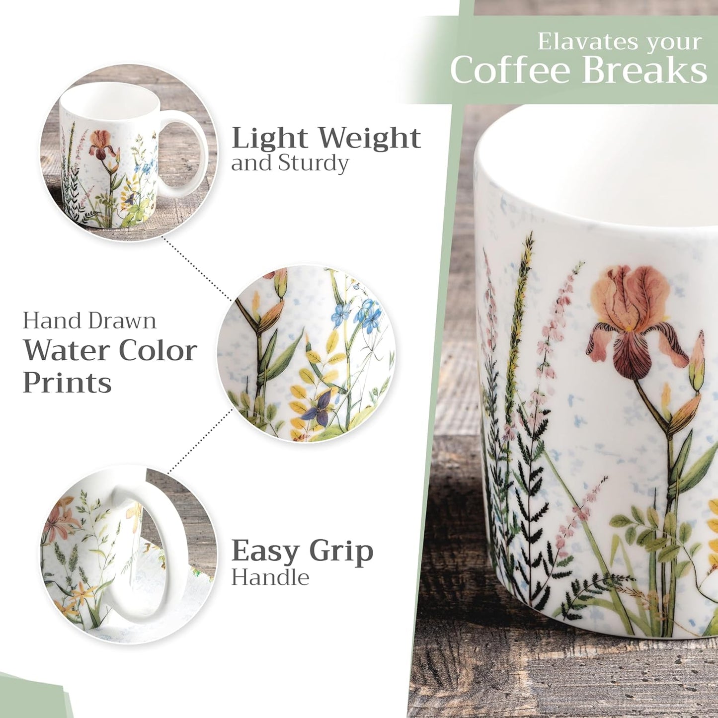 Maison d' Hermine Coffee Mug with Handles Fine Bone China Mugs Pack of One Tea Cups for Hot Beverages Cappuccino Latte Home Restaurant Office Perfect for Gift (Fleurs De Mai - Prairie, 12 Ounce)