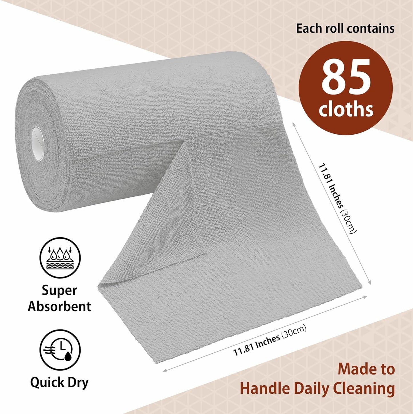H4N Microfiber Cleaning Cloth Roll, 85 Pack Micro Fiber Wash Cloths for Car, Tear Away Towels, Ultra Absorbent Dish Rags, Non-Abrasive, Reusable and Washable Household Supplies, 11.81" x 11.81", Gray