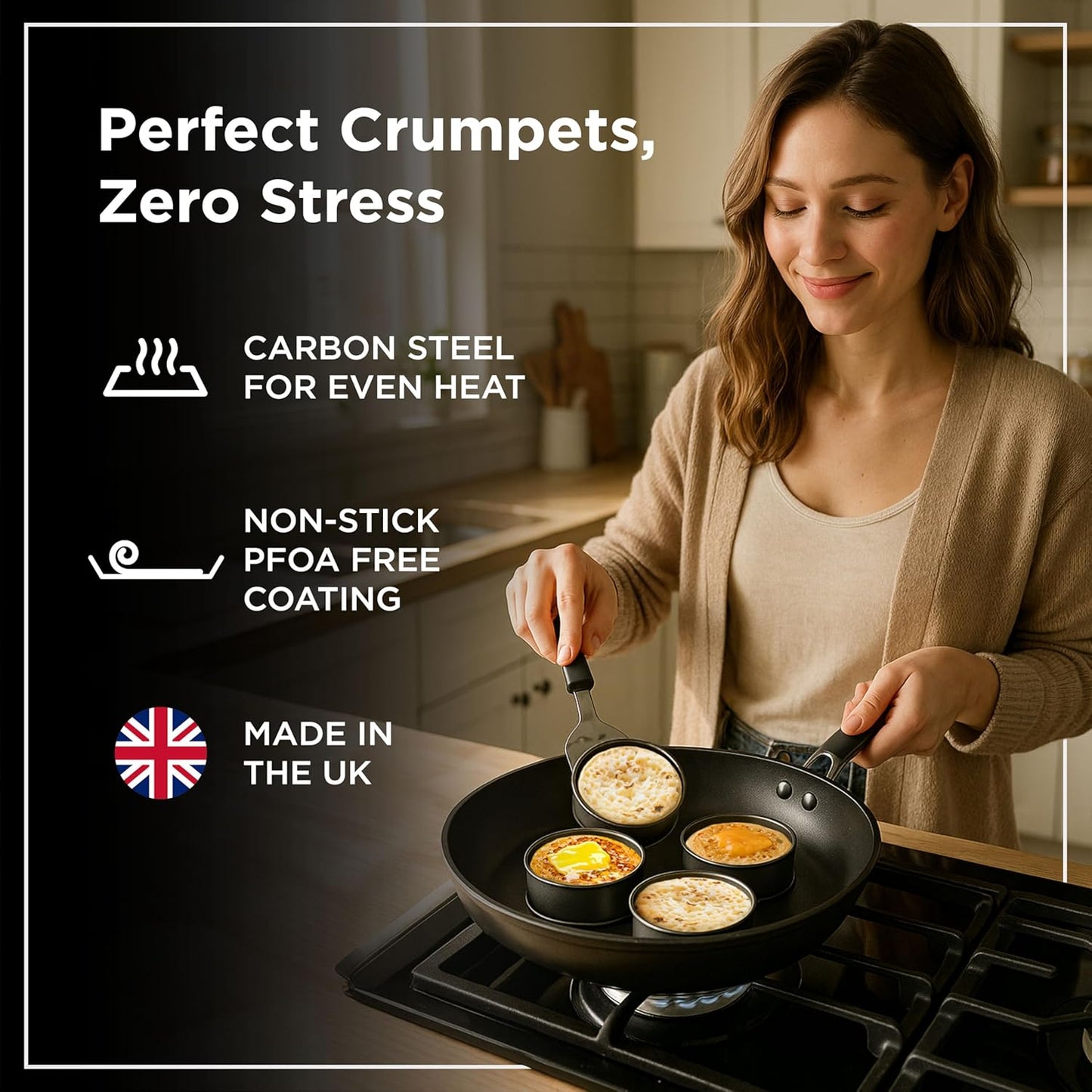 Wrenbury Crumpet Rings Nonstick 3.5 inch - English Muffin Rings - Set of 4 Food Ring Molds for Cooking – Metal Baking Egg Ring Set - Made in England