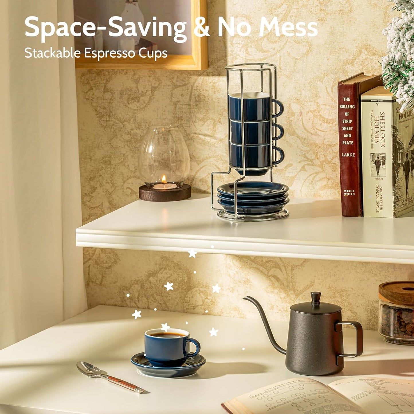 Sweese 2.5 Ounce Porcelain Stackable Espresso Cups with Saucers and Metal Stand Set of 4, Navy