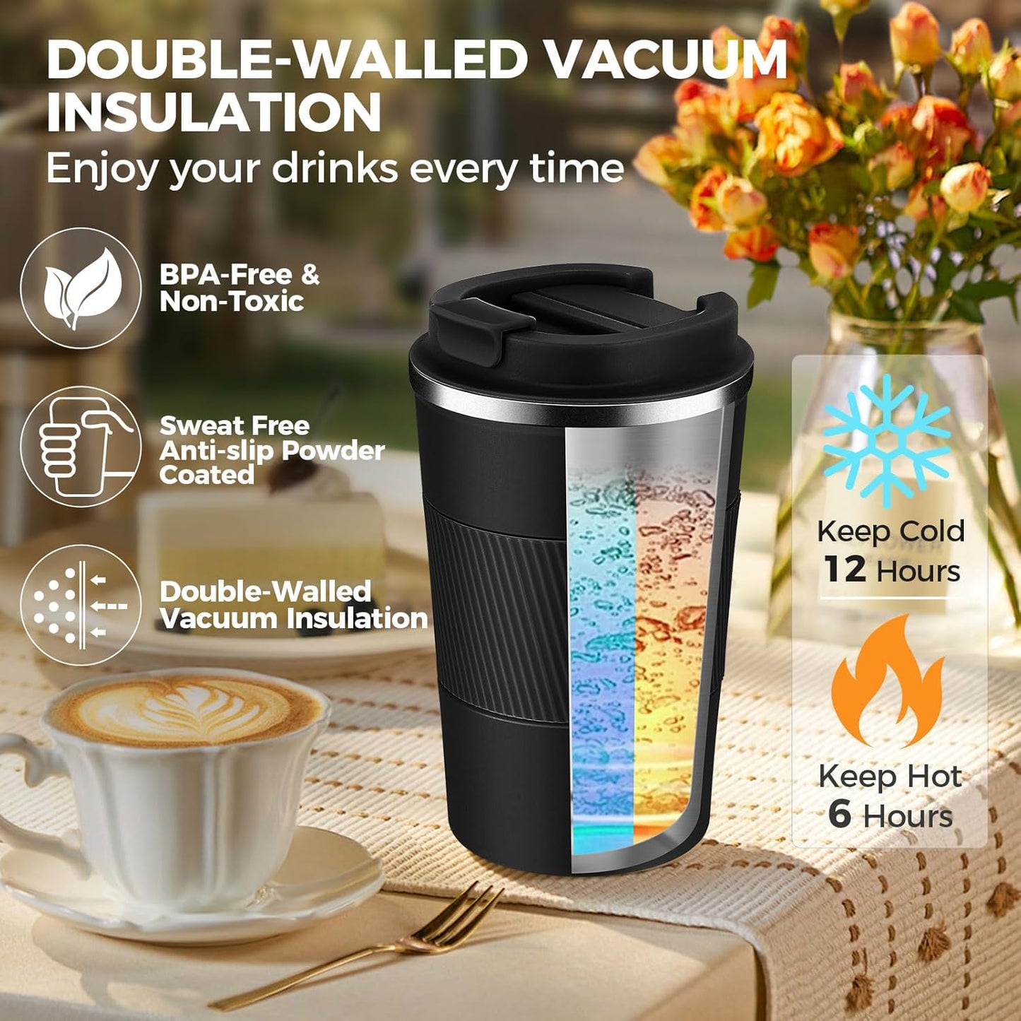 Volhoply 13 oz Stainless Steel Insulated Travel Coffee Mug with Fip Lid Bulk 4 Pack,Reusable Double Wall Vacuum Metal Coffee Cup,Portable Leak Proof Thermal Tumbler for Hot & Cold Drinks(Black,4)