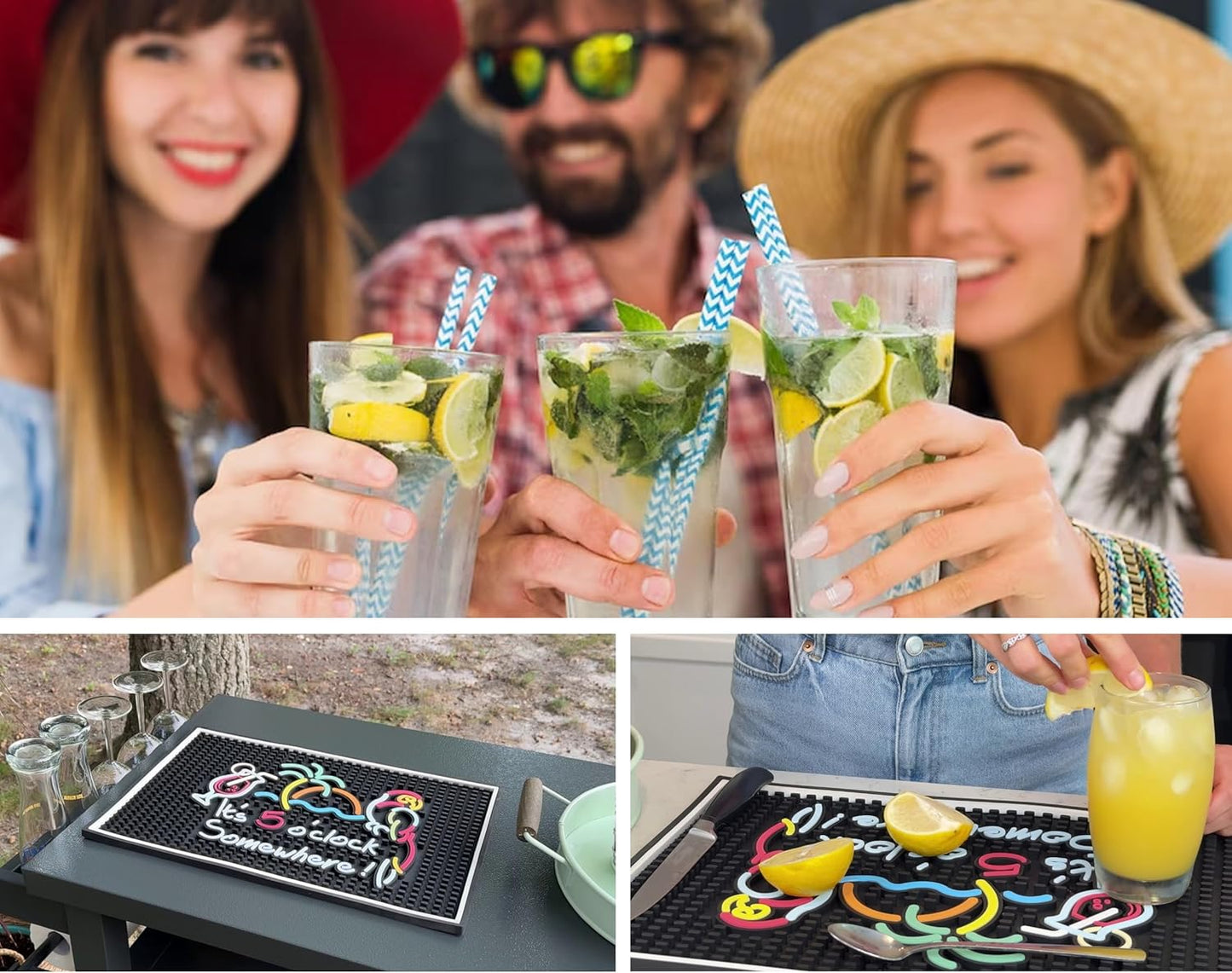 It's 5 O'Clock Somewhere Sign Rubber Bar Mats for Bartending 18x12 in, Bar Mats for Countertop Tiki Decor, Tiki and Outdoor Accessories, Aloha & Luau Party Decorations and Hawaiian Party Decorations