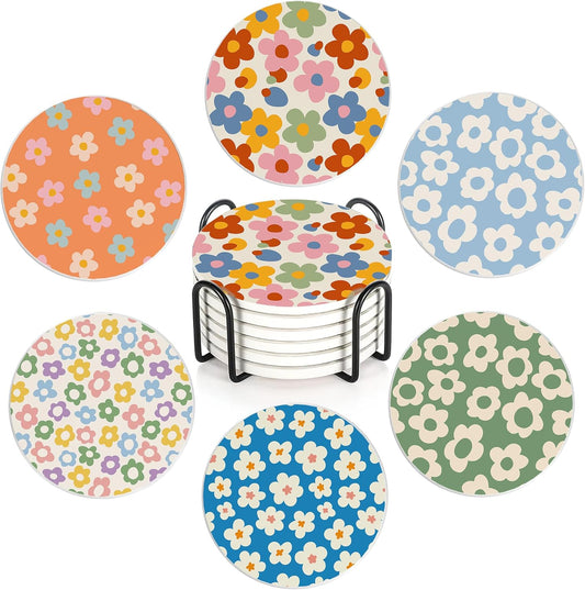 Drink Coasters Set of 6 with Holder, Vintage Groovy Flowers Absorbent Ceramic Drink Coaster for Tabletop Protection,Suitable for Kinds of Cups,Drinks Coasters for Home Office Decoration(4 Inches)
