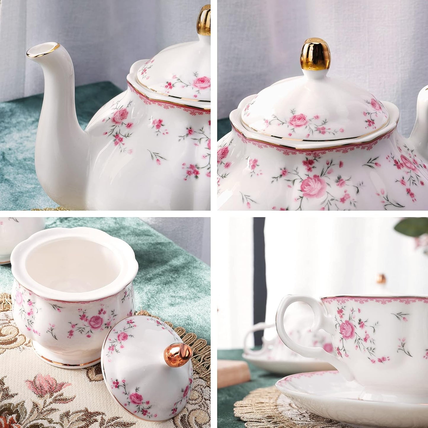 fanquare Vintage Porcelain Tea Set for Women Tea Party, Cup and Saucer Set for 6, Wedding Floral Teapot Set for Adults, Pink Rose