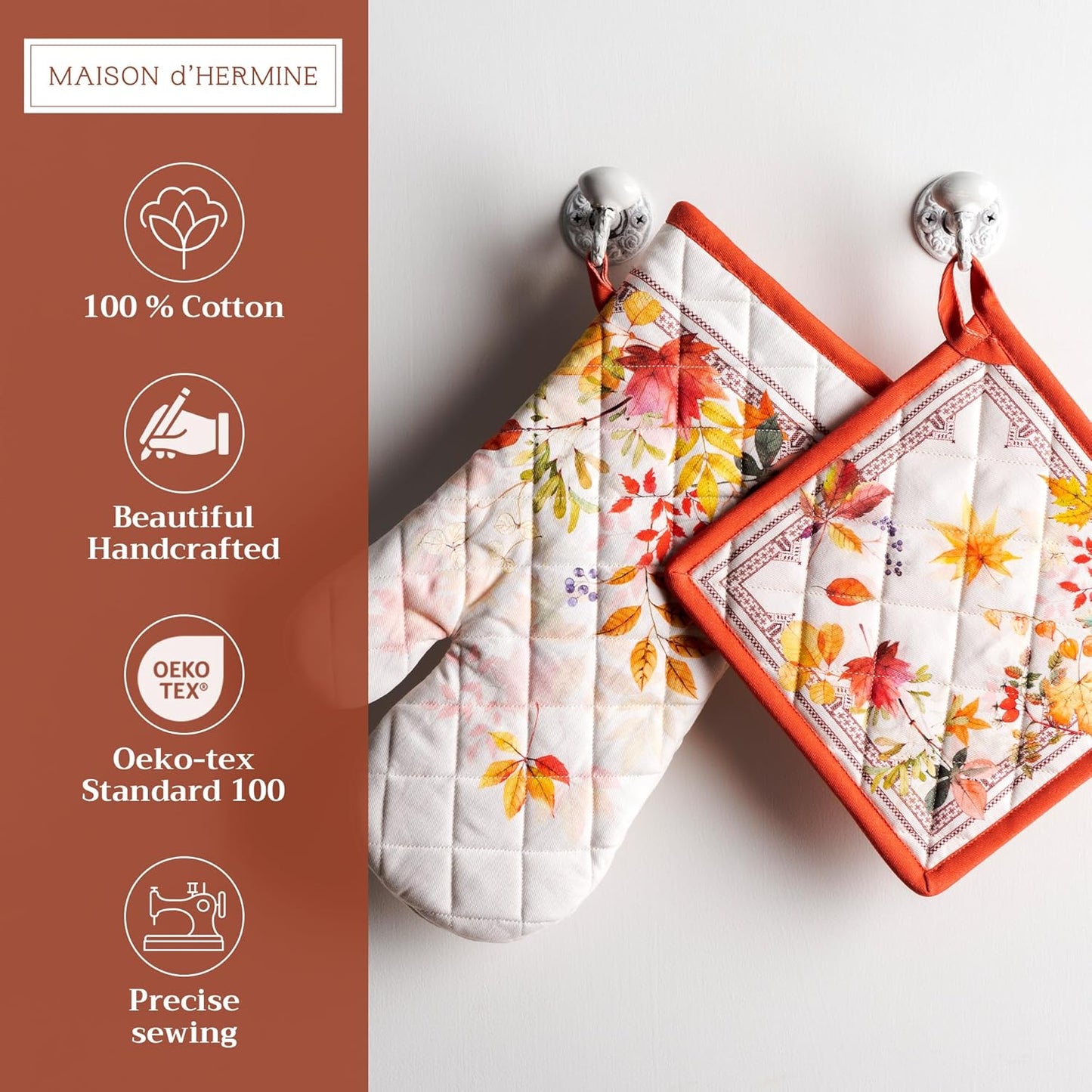 Maison d' Hermine 100% Cotton Oven Mitt & Pot Holder Set (7.5"x13" & 8"x8") Heat Resistant BBQ Cooking Gloves with Loop, Baking, Grilling, Kitchen, Handling Hot Pans (Amarante)